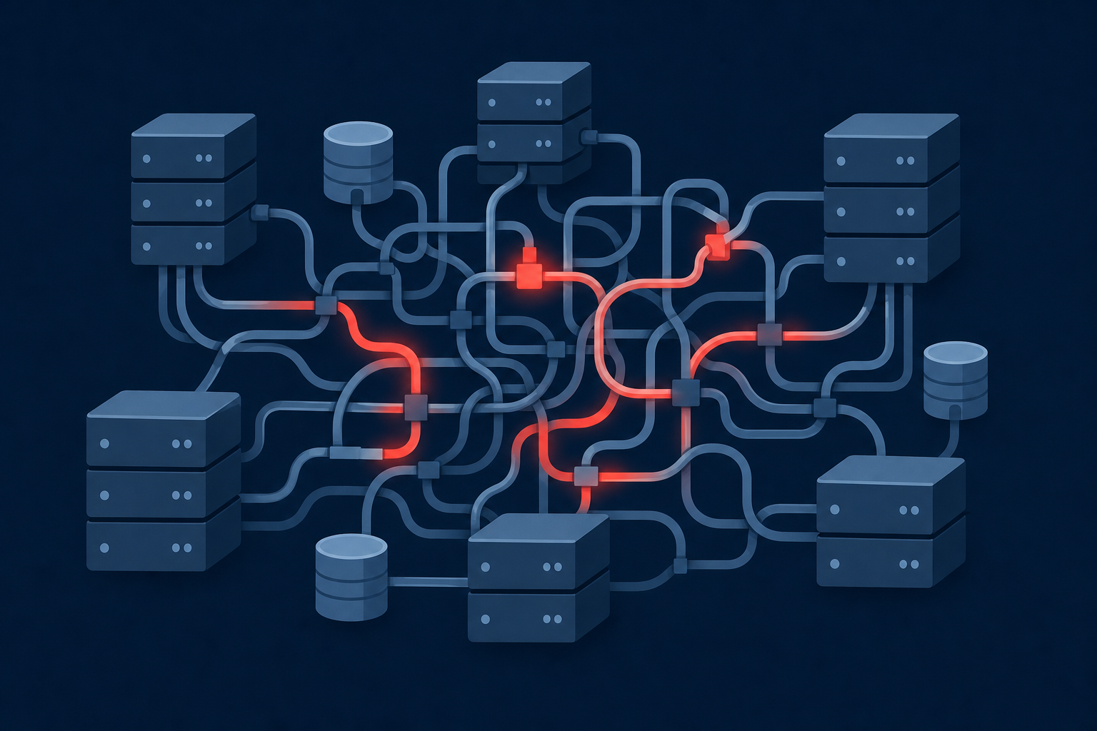 A conceptual illustration of a tangled, overly complex enterprise software integration architecture — multiple large server blocks connected by a chaotic web of thick cables and pipes, some glowing red with bottlenecks, set against a dark navy blue background with a clean modern flat design style. The scene conveys friction, cost, and complexity in legacy enterprise connectivity.
