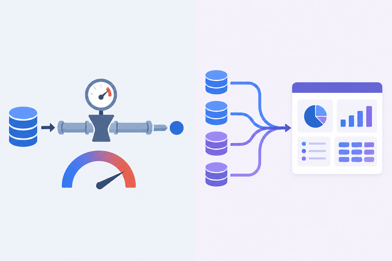 A split-screen illustration showing two contrasting scenarios: on one side, a single record flowing through a simple pipeline with a bottleneck symbol, representing one-record-at-a-time processing with a rising cost meter; on the other side, multiple parallel data streams flowing smoothly into a modern SaaS product dashboard, representing scalable bulk sync. Flat design, clean blues and purples, no text or labels.