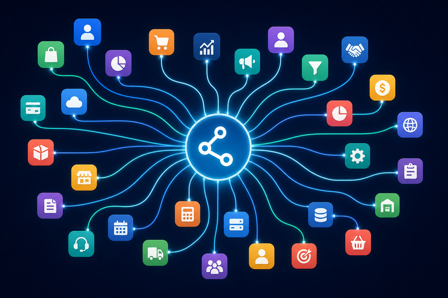 A wide network diagram showing dozens of colorful app icons connected by flowing lines to a central hub, representing software integration connectors. Icons represent categories like accounting, CRM, e-commerce, and ERP systems. Clean, modern flat design with a dark background and glowing connection lines in blue and teal. No text, no labels, no words.