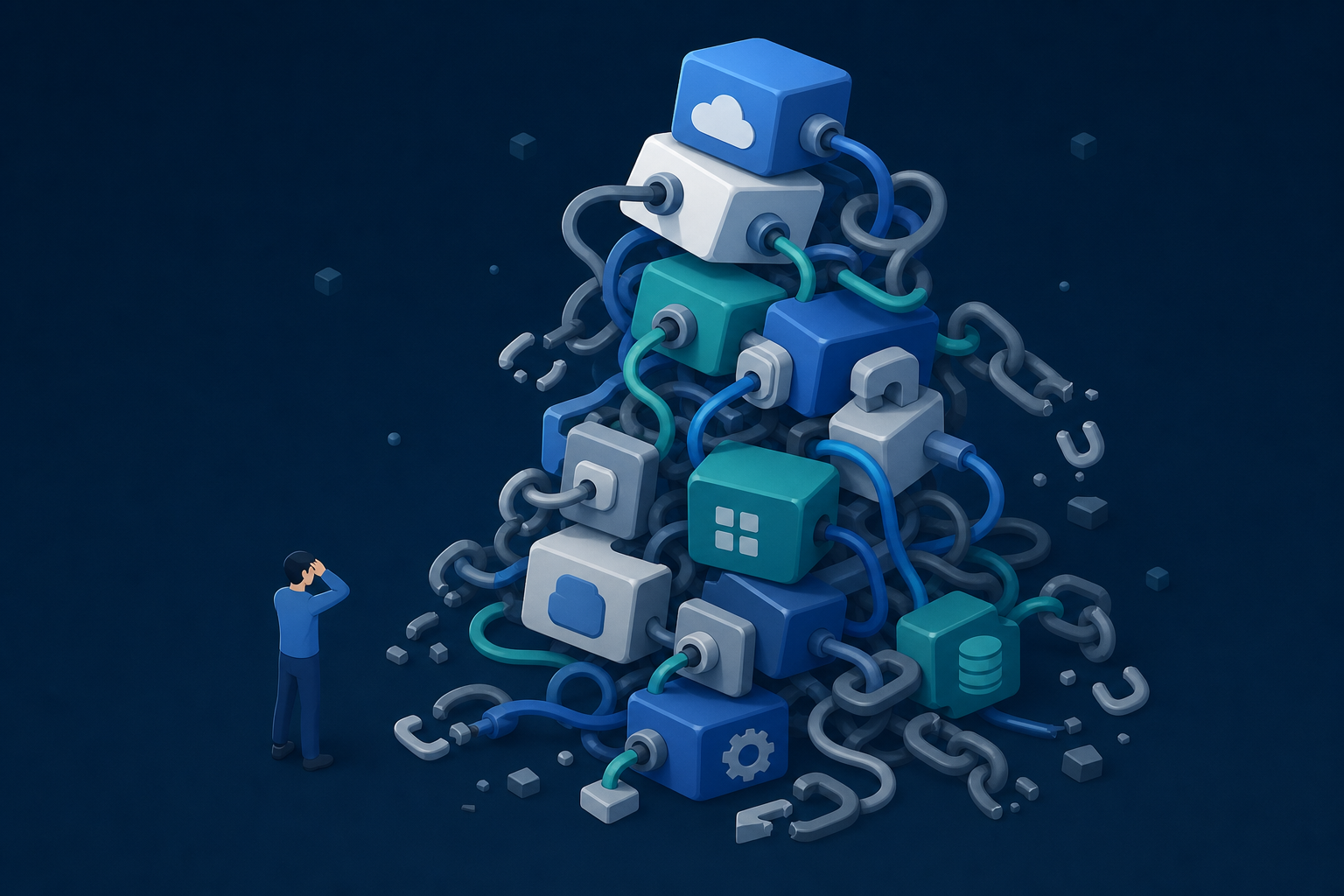 A conceptual illustration showing a growing stack of technical debt and maintenance burden for software integrations. Multiple broken chain links and tangled API connection lines piling up, with a small developer figure overwhelmed by the growing complexity. Abstract geometric shapes representing connectors and APIs accumulating into an unstable tower. Dark blue and teal color scheme, isometric perspective, clean modern technical style, no text or labels.