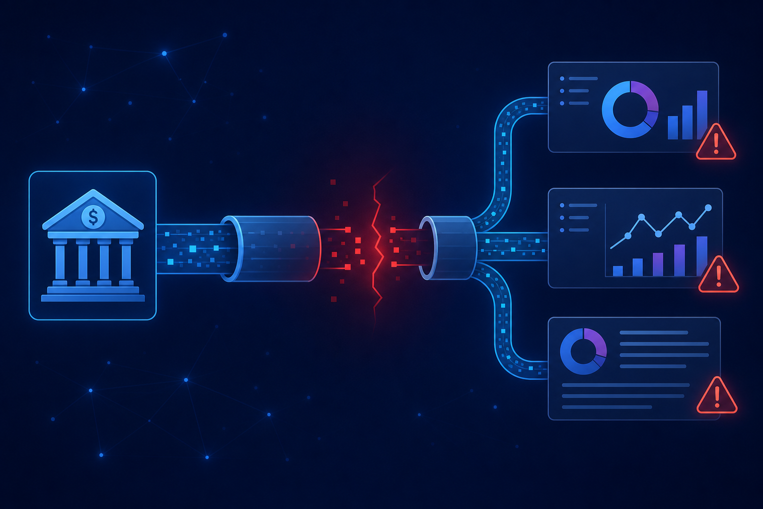 A technical illustration showing a data pipeline flowing from a financial system into multiple downstream tools — a revenue recognition dashboard, a budgeting chart, and an audit report. The pipeline has a missing gap or break in the middle, represented by a red disconnection or void, causing warning symbols and error indicators to appear on the downstream tools. The background uses a dark navy blue with glowing data nodes and connecting lines. Flat, modern diagram style with clean geometric shapes, no text or labels.