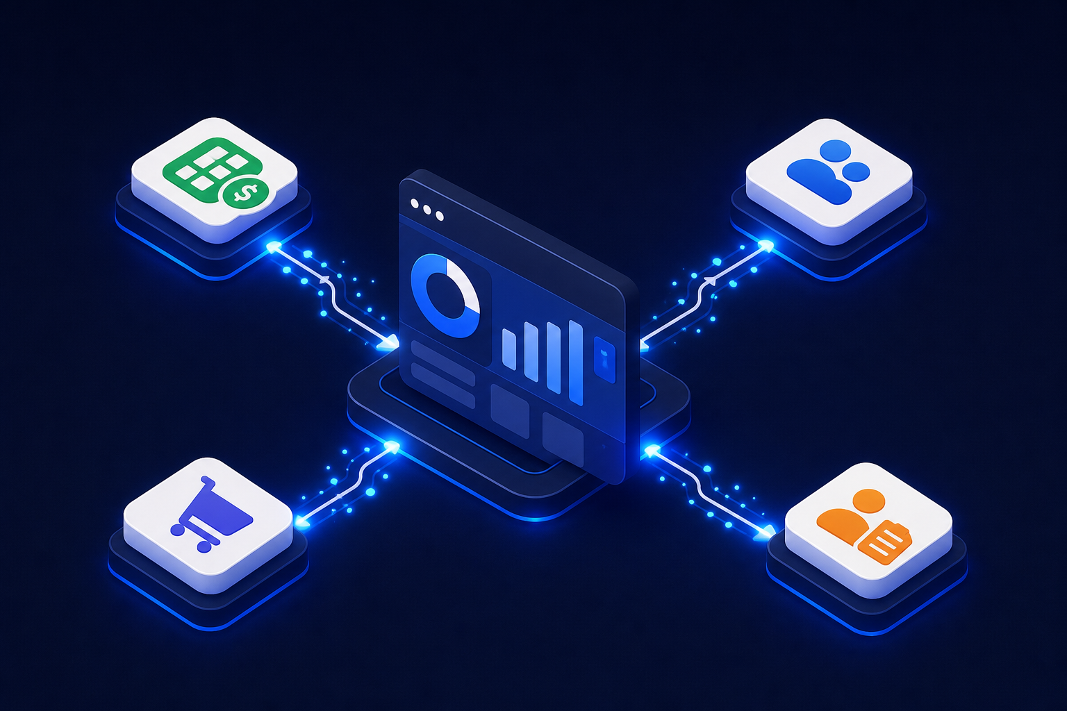 A clean, modern isometric illustration showing a central SaaS product dashboard connected to multiple third-party app icons (accounting software, CRM, e-commerce platform, payroll system) via glowing data flow lines. Each connection pulses with small flowing data particles moving between nodes. The overall palette is deep navy and electric blue with white connector lines, set against a dark background. No text, no labels, no words anywhere in the image.