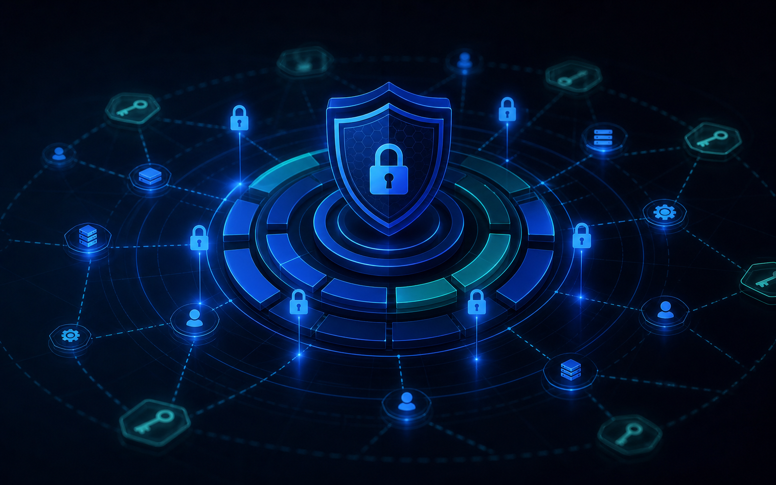 A dark, modern cybersecurity illustration showing a layered shield or vault protecting a network of interconnected nodes and API endpoints. Glowing lock icons float above segmented concentric rings representing access control boundaries. Subtle token and key symbols orbit the outer rings. Deep navy background with electric blue and teal accent lighting. Abstract, flat-style technical aesthetic with depth and subtle glow effects. No text, no labels, no words.