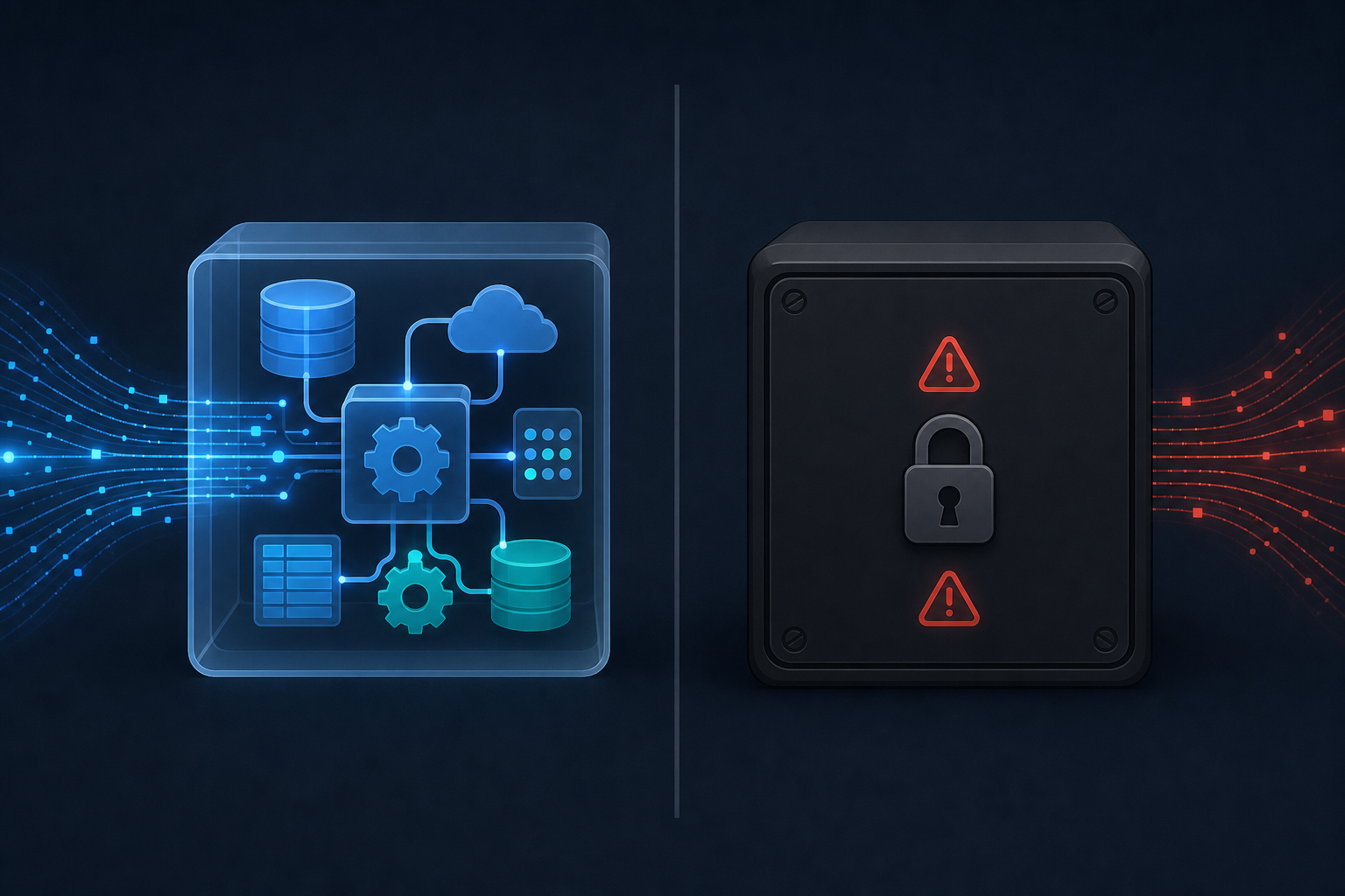 A split-screen technical diagram showing two contrasting systems side by side: on the left, an open transparent modular pipeline with visible interconnected components, gears, and data flow nodes glowing in blue; on the right, a closed dark sealed black box with no visible internals, just a locked padlock icon and warning indicators. Abstract data streams flow into both sides. Clean flat illustration style with a dark background, modern tech aesthetic, no text or labels.