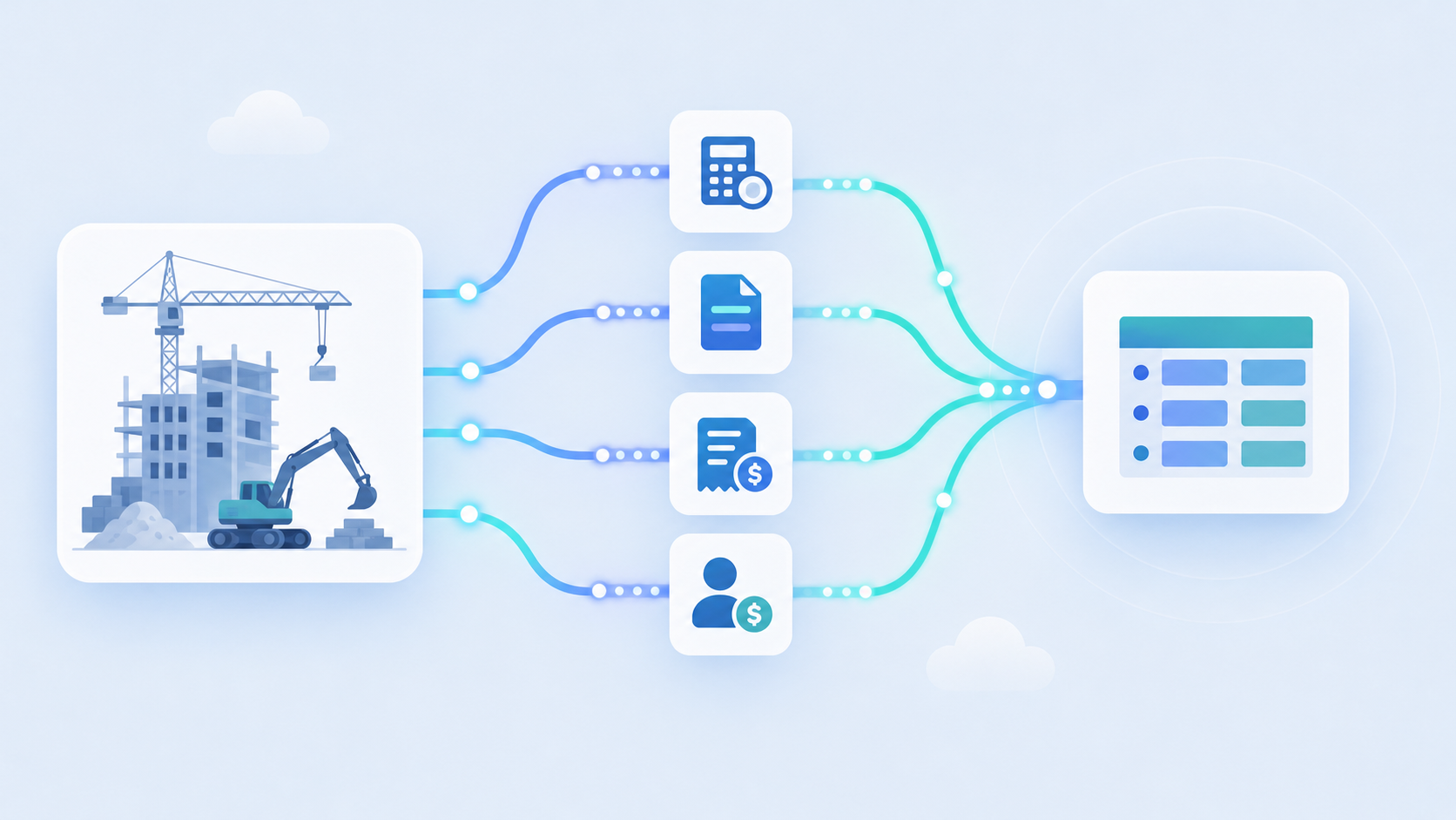 A technical diagram illustration showing construction project data flowing through a pipeline: job costing records, change orders, invoices, and payroll entries moving from a construction site icon into an organized data structure, depicted as glowing data streams connecting project phases and cost codes, dark blue and teal tones, clean flat design, no text or labels