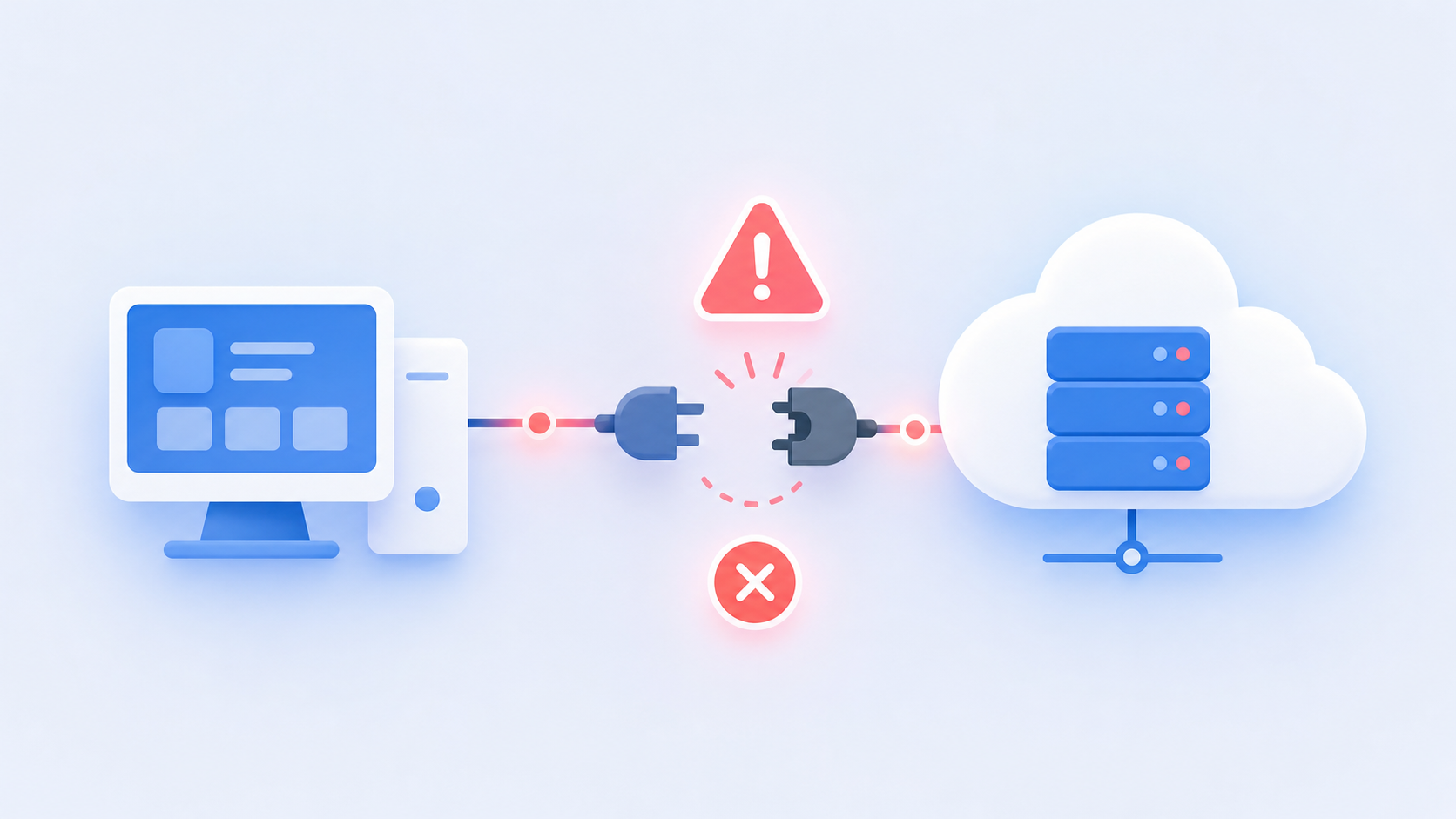A visual metaphor of a broken data sync chain between an on-premise desktop computer and a cloud server. The desktop machine is shown with a disconnected plug or a broken link in the chain connecting it to a cloud icon. Warning symbols and red indicators around the connection suggest silent failures. The style is flat, modern illustration with blues, grays, and reds. No text or labels anywhere in the image.