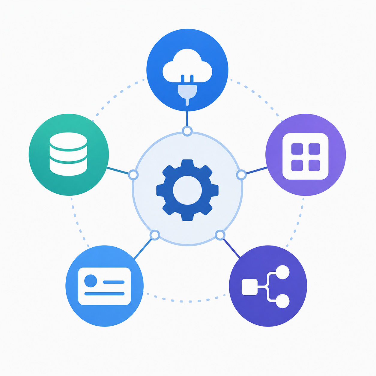 A flat design illustration showing five distinct software tool icons arranged in a circular comparison layout around a central hub, connected by clean lines, each icon visually distinct with different colors representing different integration platforms, modern B2B SaaS aesthetic, blue and purple gradient tones, no text or labels anywhere, minimal geometric style