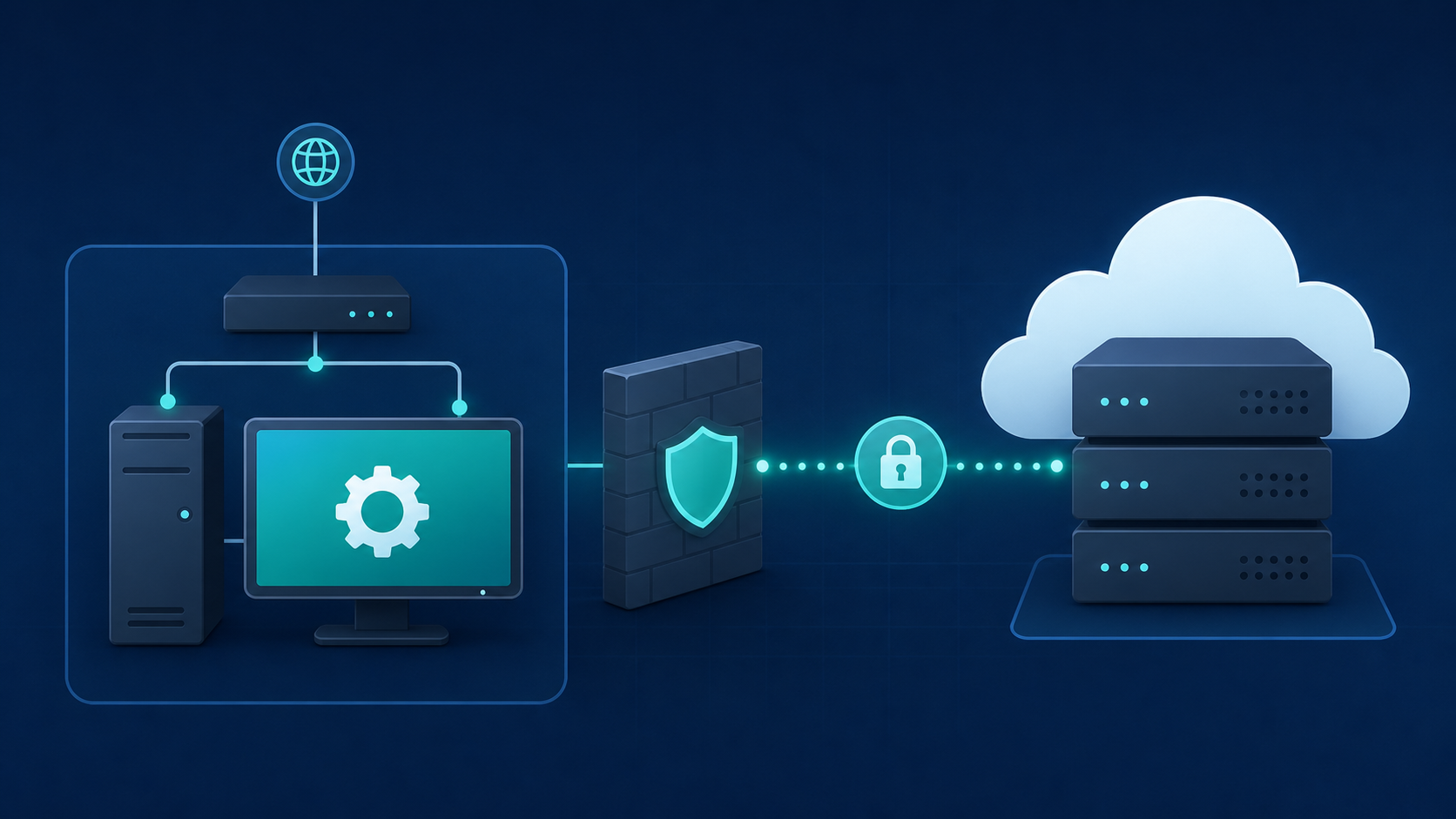 A clean technical diagram illustration showing a Windows desktop computer on a local network behind a firewall, with a software agent running on it, sending outbound data through a secure connection to a cloud server. The local machine is depicted as a physical desktop PC inside a network boundary, with arrows pointing outward toward a stylized cloud infrastructure. The visual uses a dark blue and teal color palette with a modern flat design aesthetic, no text or labels anywhere in the image.