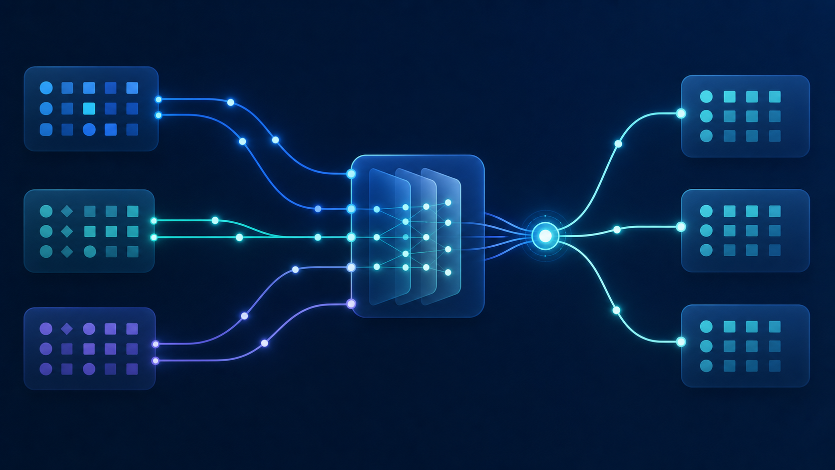 Abstract digital illustration of data field mapping and deduplication across multiple sources. Three distinct data streams flowing into a central transformation layer, with branching connection lines merging and resolving into clean, unified records. Dark blue and teal color scheme with glowing nodes and structured grid patterns. Technical network visualization showing complex input streams converging into organized output, no text, no labels, professional tech aesthetic.