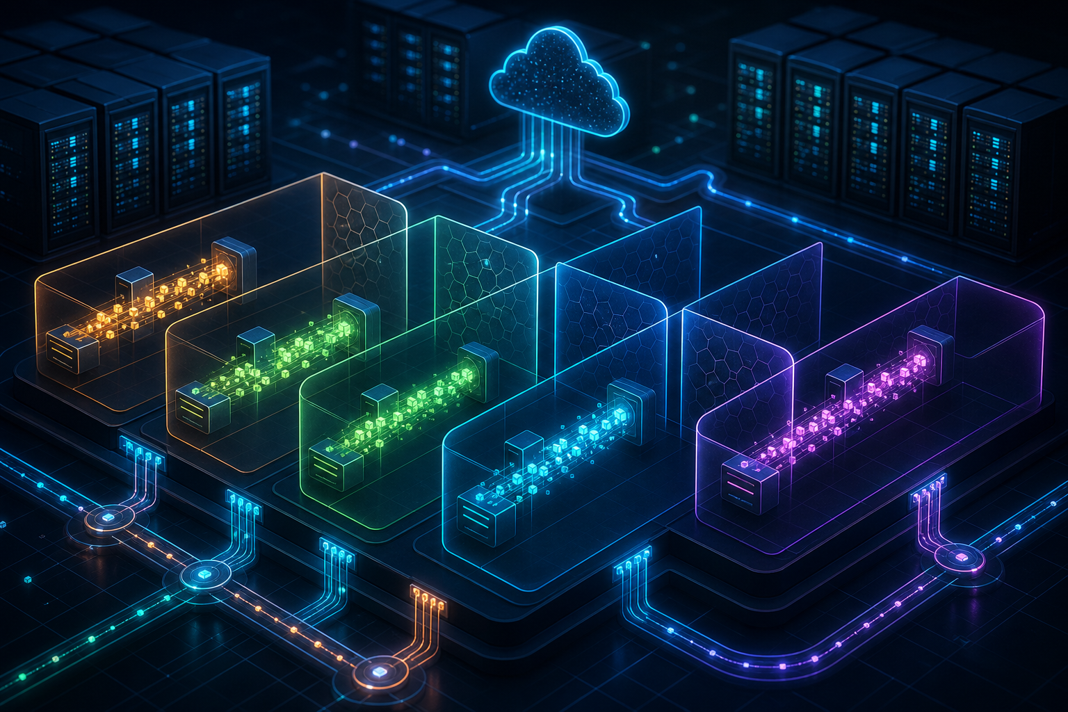 A technical diagram-style illustration showing multiple isolated containers running in parallel on a cloud infrastructure grid, each container representing a separate tenant pipeline with data flowing through distinct channels, visualized as glowing streams of data packets moving between nodes, server racks in the background rendered in deep blue and teal tones, abstract geometric shapes representing isolation boundaries between each pipeline, modern clean aesthetic with a dark background