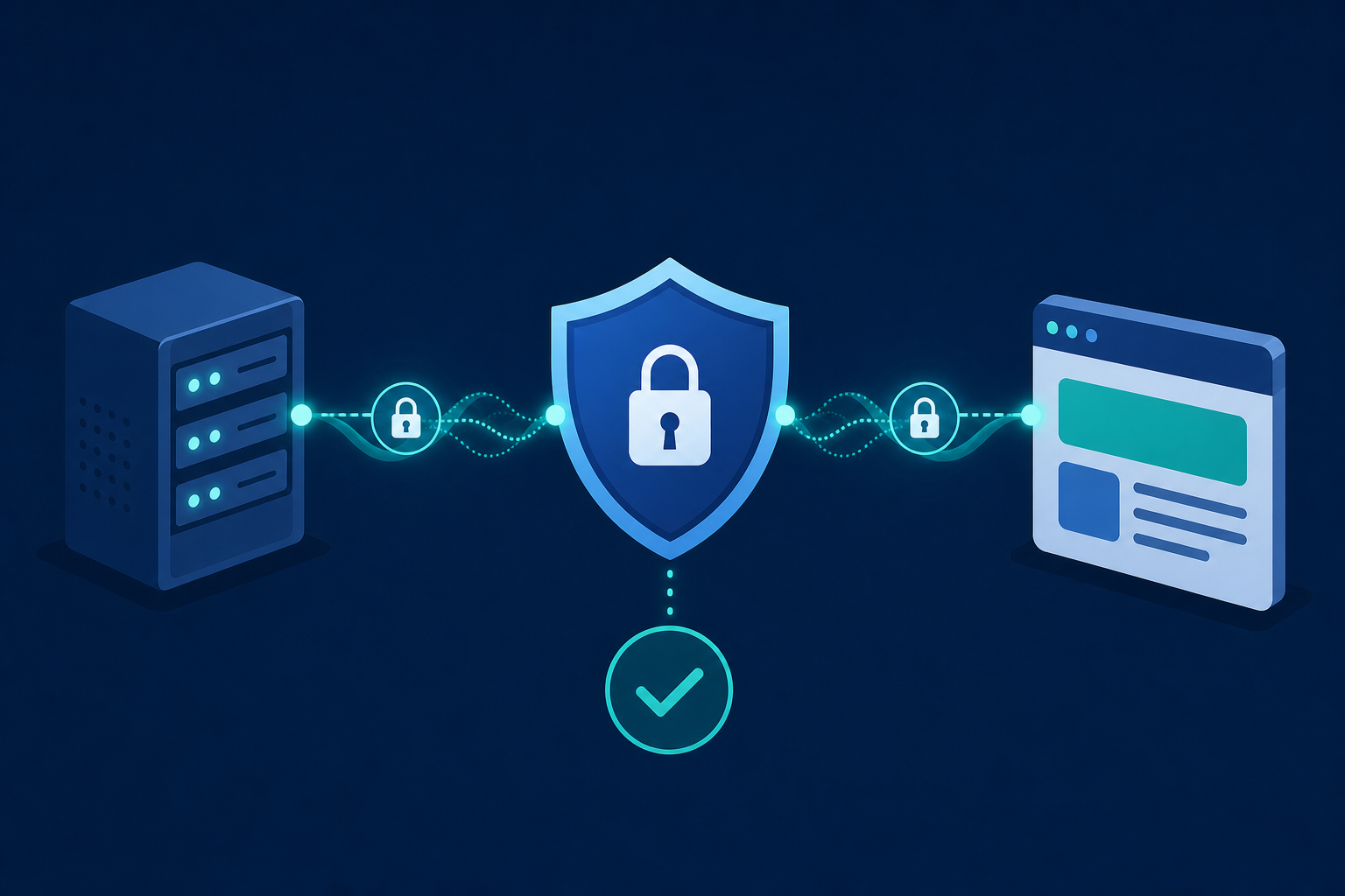 A technical security illustration showing a webhook endpoint protection concept: a shield icon in the center with a lock, connected by secure encrypted lines to a server on one side and a receiving application on the other, with a digital signature checkmark symbol, abstract cryptographic hash waves flowing between nodes, modern flat design with blue and teal color palette, no text or labels, clean minimalist icons