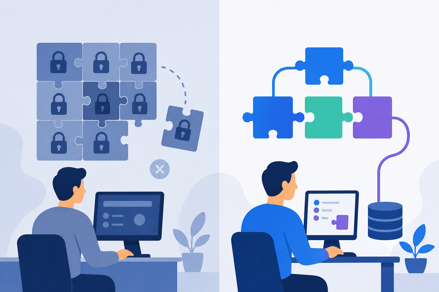 A split-screen illustration showing a developer at a computer on one side facing a wall of locked puzzle pieces representing closed connectors, while on the other side another developer easily connects open colorful puzzle pieces flowing freely into a pipeline, symbolizing open-source versus closed connector ecosystems, modern flat design style, blue and purple color palette, no text