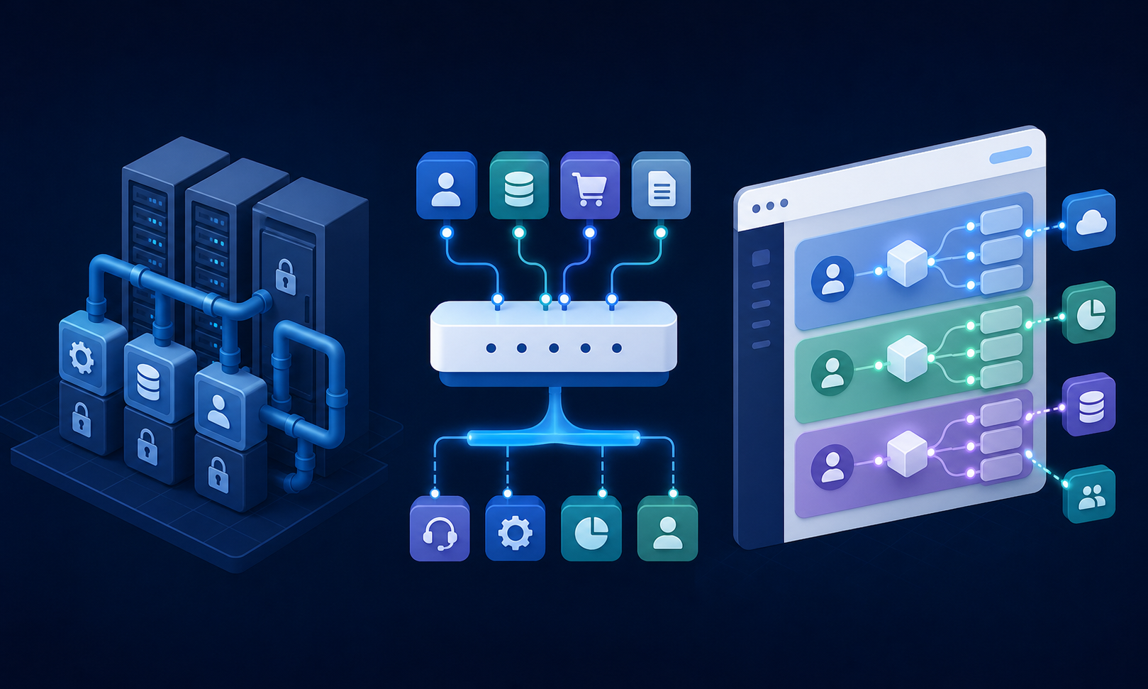 A clean, modern tech illustration showing three distinct architectural diagrams side by side. On the left, a traditional enterprise IT server room with rigid internal pipelines and locked boxes representing internal-only workflows. In the center, a fragmented schema abstraction layer with multiple connectors funneling into one unified pipe, showing limited depth. On the right, a sleek SaaS product interface with seamlessly embedded integration flows, multiple tenant bubbles each isolated and color-coded, connected to various third-party app icons like CRM, accounting, and payroll systems. The style is isometric flat design with a cool blue and teal palette, dark navy background, subtle glowing connectors, and no text anywhere.