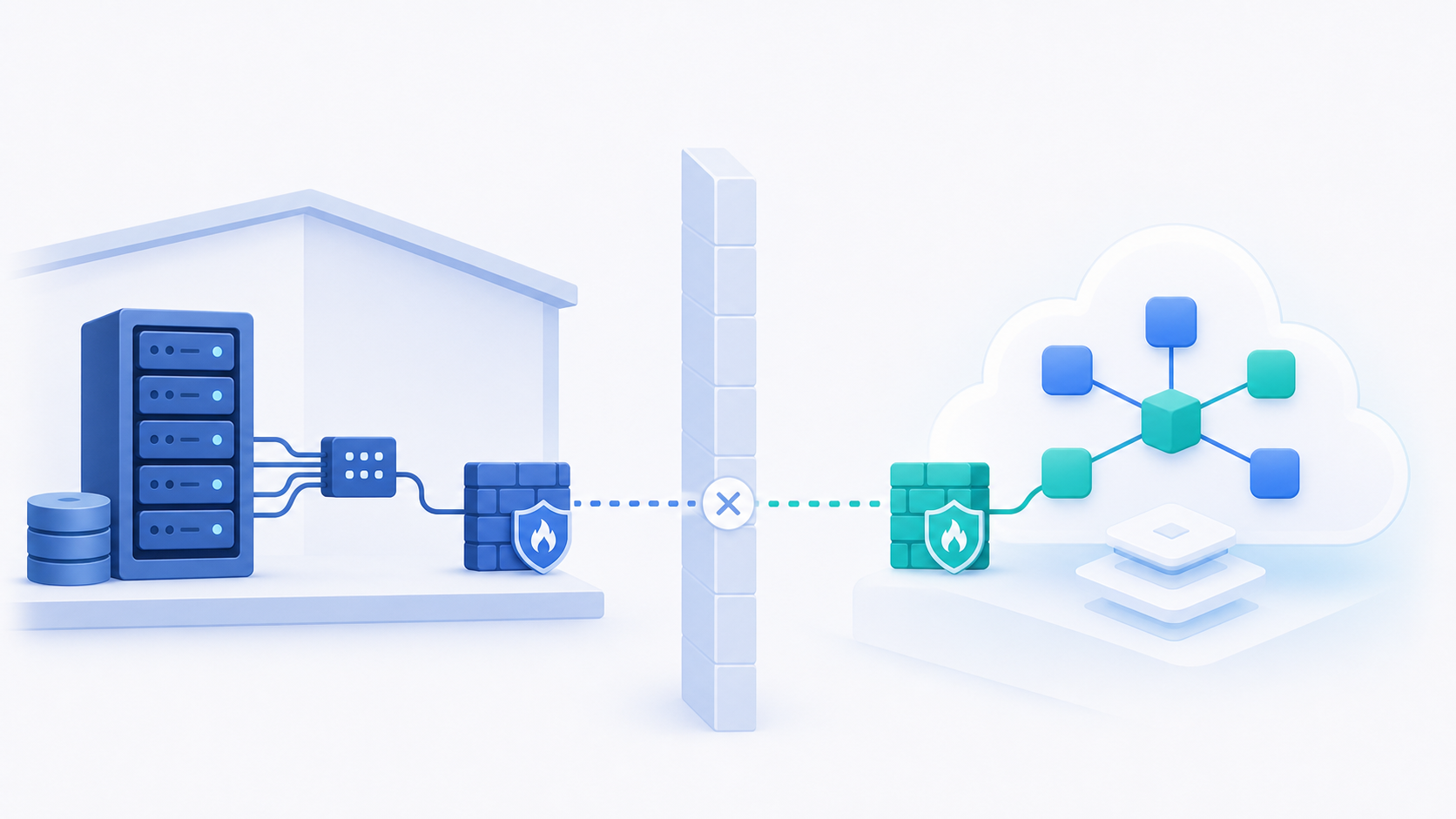 A split architectural diagram illustration showing two distinct environments: on the left, a server rack inside a building representing an on-premise local database network, with network cables and firewall symbols; on the right, a cloud platform with floating connected nodes representing a cloud SaaS application. Between them, a large gap or barrier symbolizing the network boundary challenge, with a faded dashed line attempting to bridge the two sides. Dark blue and teal color palette, clean modern flat design style, no text or labels.