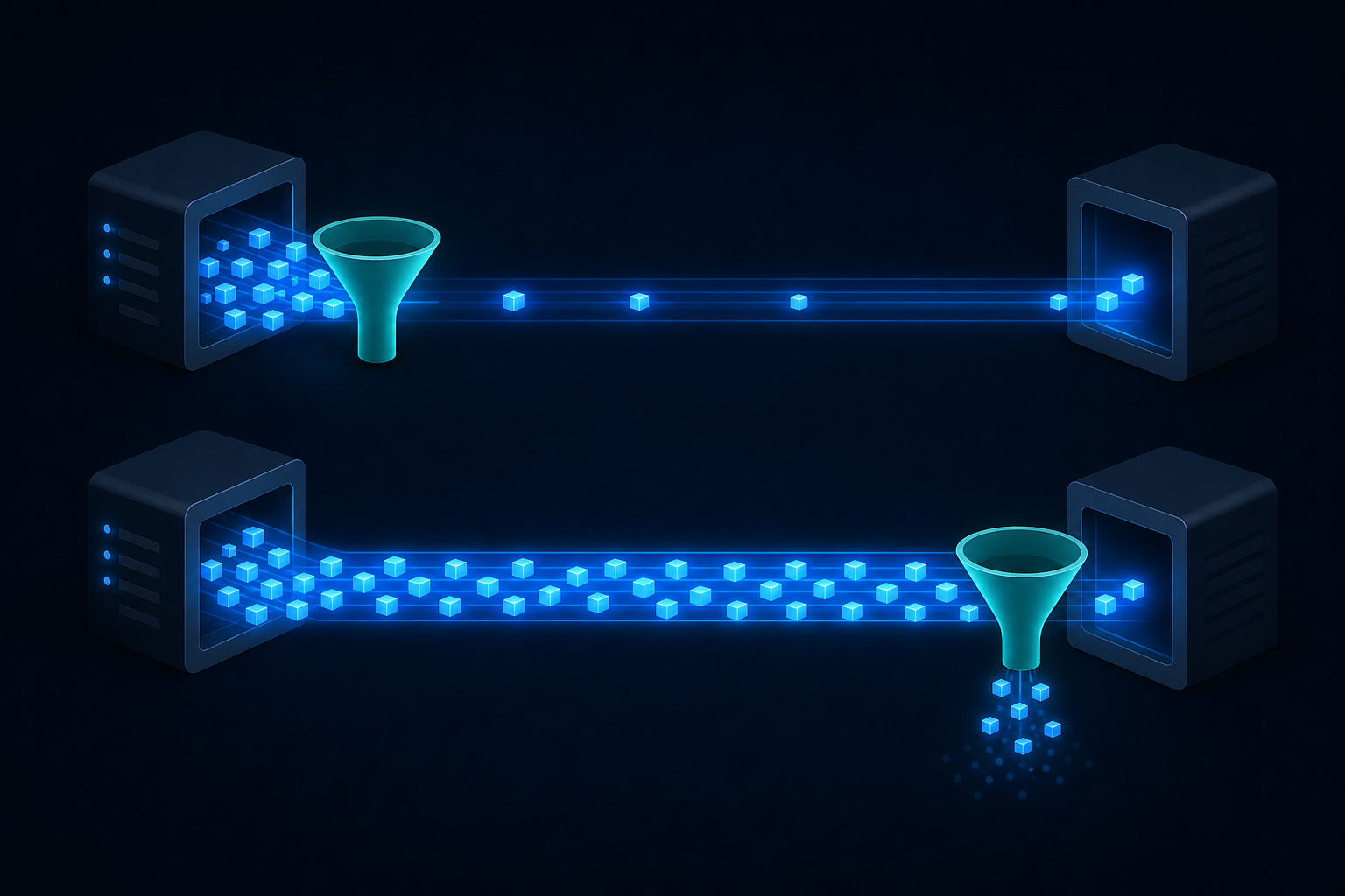 A technical diagram showing two parallel data pipeline flows. On the left side, a source-side filter funnel positioned at the data source, with only a small stream of filtered data packets flowing downstream. On the right side, a target-side filter funnel positioned at the end of the pipeline, with a large volume of data flowing across the wire before being discarded at the destination. Both flows rendered as glowing blue data streams on a dark background, with funnel shapes in teal, minimalist isometric style, no text, no labels, no letters.