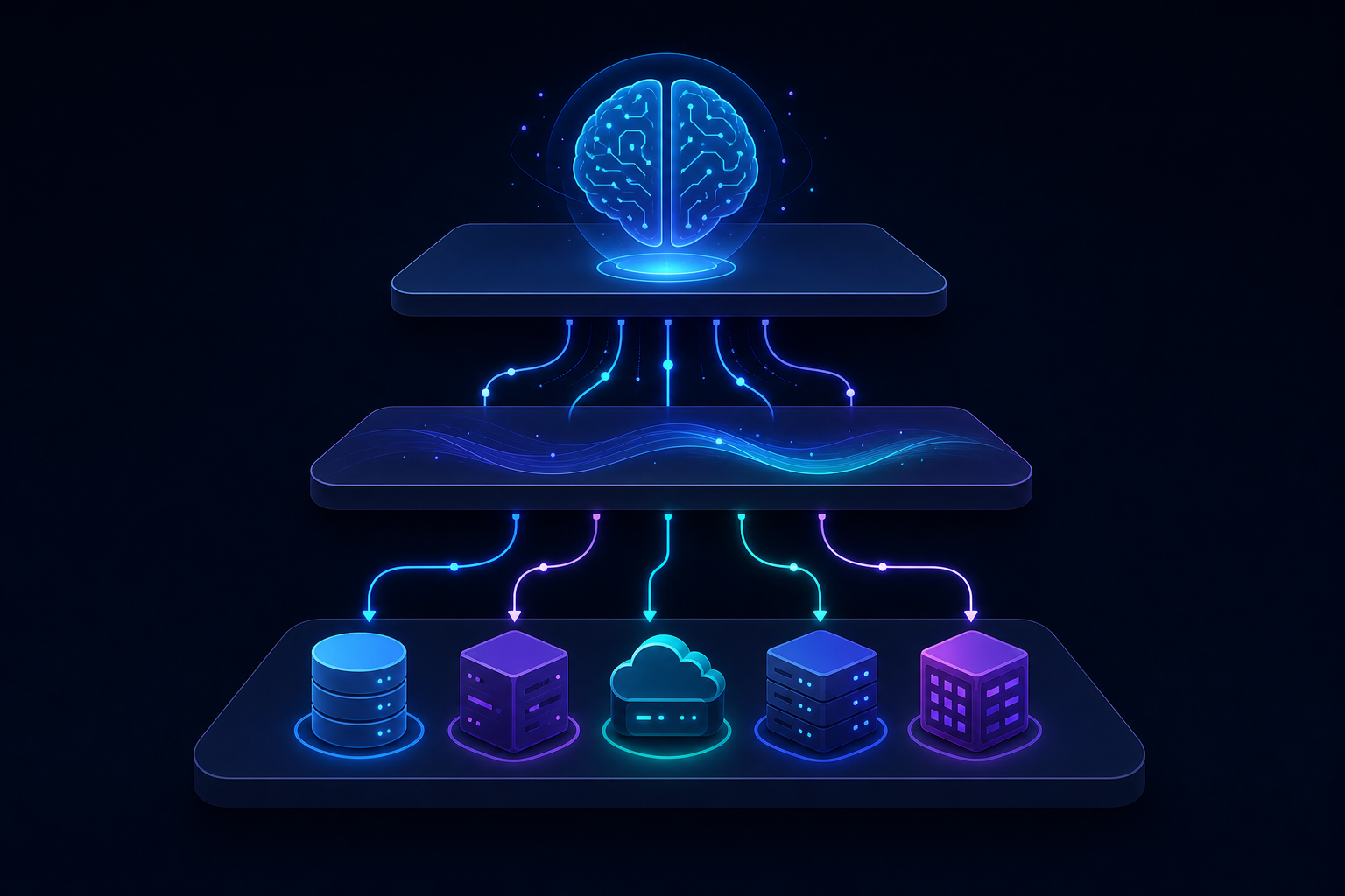 A clean, modern technical diagram showing three interconnected layers of a software architecture: a glowing AI brain or agent at the top representing the Host layer, a middle protocol/connection layer with flowing data streams, and at the bottom multiple colorful server nodes representing databases, APIs, and services. The layers are connected by smooth animated-style lines with directional arrows showing data flow. Dark background with blue, purple, and teal accent colors. Flat design with subtle depth and shadows. No text, no labels, no words.