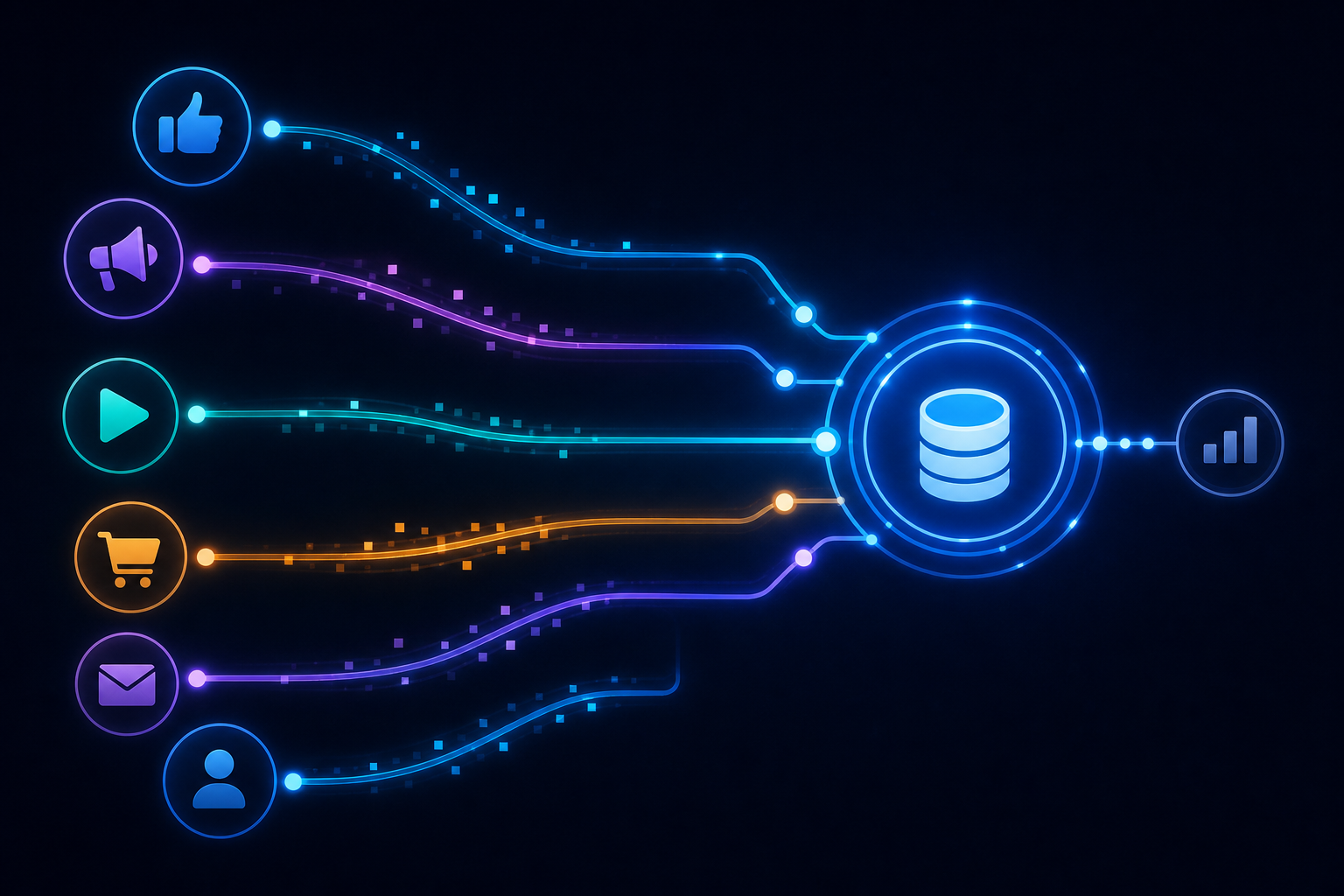 A clean, modern technical diagram showing multiple advertising platform logos flowing into a single unified analytics pipeline. Abstract glowing data streams in blue, purple, and teal connecting several distinct source nodes on the left to one central hub node on the right, representing multi-channel ad data normalization. Dark background with neon accent lines and geometric connector shapes. No text, no words, no labels, no letters anywhere in the image.