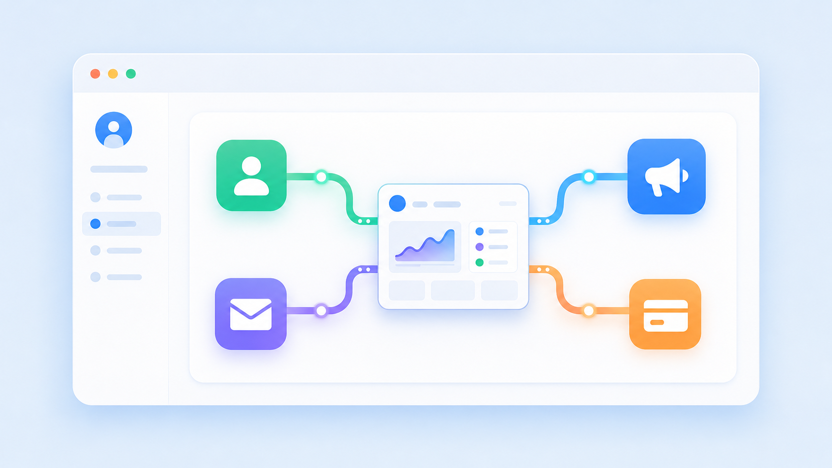 A clean, modern illustration showing a central SaaS product dashboard hub connected to multiple colorful app icons (CRM, email, ad platform, billing) via smooth flowing data pipelines, all embedded within a single unified product interface, flat design style with a blue and purple color palette, no text or labels