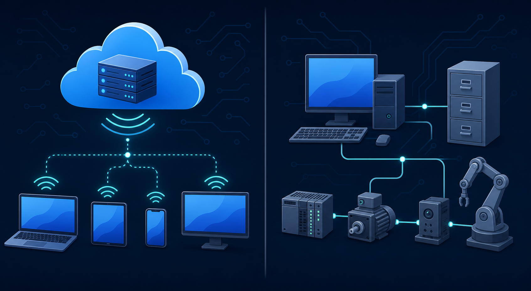 A split-screen technical diagram showing two contrasting software integration architectures side by side. On the left, a clean cloud-based setup with a floating server, wireless signals, and connected devices communicating seamlessly over the internet. On the right, a local desktop computer connected to a physical Windows machine with wired connections, a filing cabinet representing a local database, and a chain of hardware components. Both sides use a modern flat design style with blue and teal color accents on a dark navy background, circuit-board-like connecting lines, no text or labels anywhere in the image.