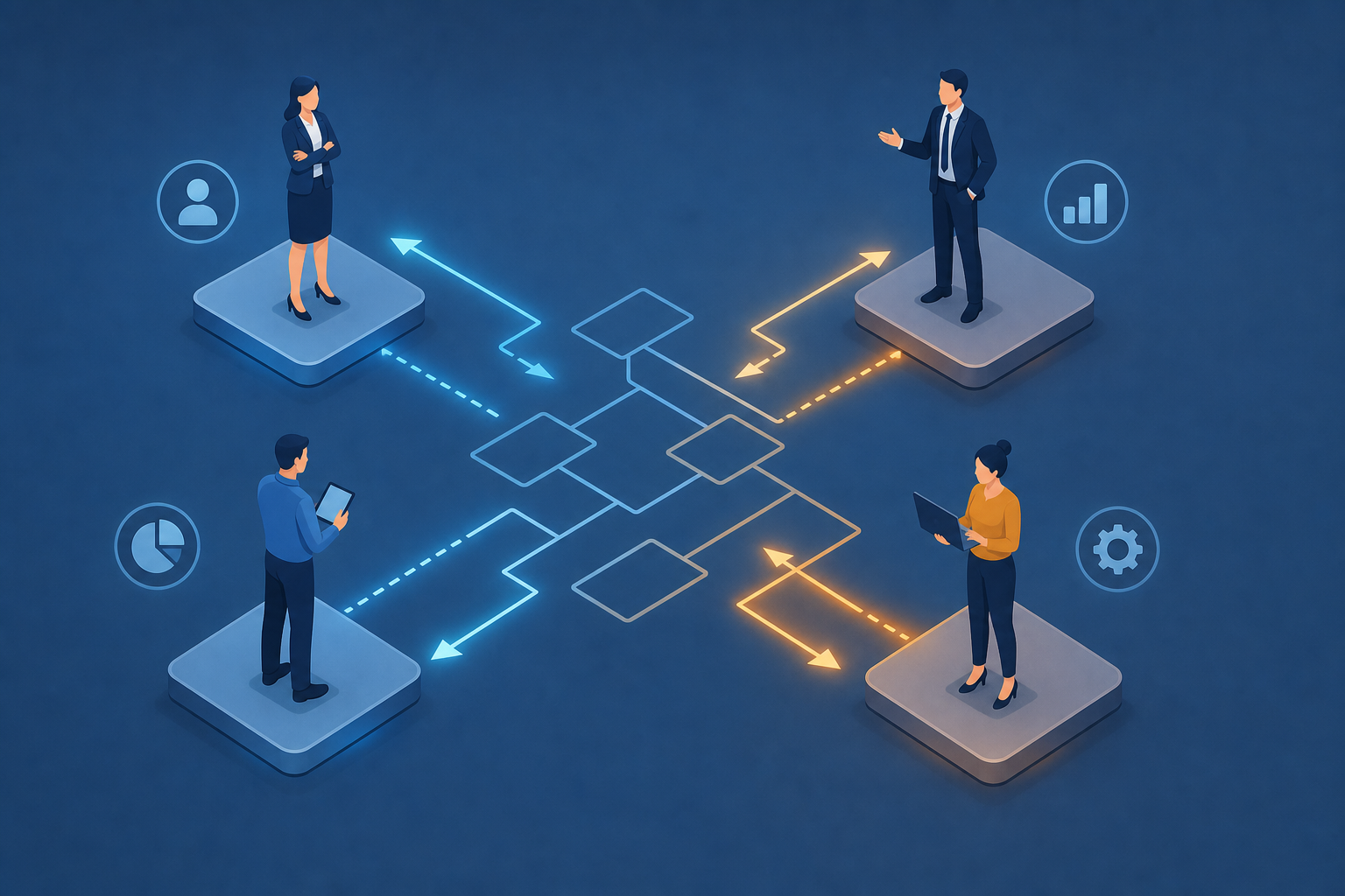 A conceptual illustration of four distinct professional personas standing at different corners of a large organizational chart diagram, each persona representing a different business function, with glowing arrows and connectors flowing between them but not quite meeting in the center, symbolizing communication gaps and misaligned ownership, modern isometric office style, cool blue and amber tones, clean geometric design