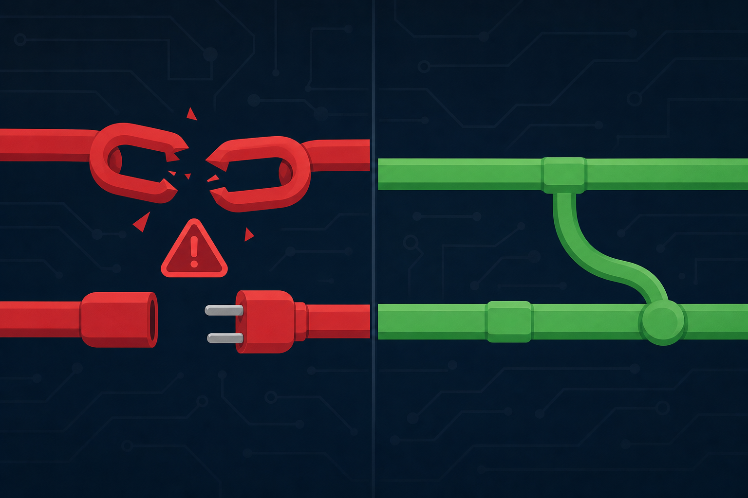 A split visual diagram showing two distinct pathways: on the left side, a broken chain link or red fractured cable representing a critical API breaking change, with warning symbols and a disconnected plug; on the right side, a smooth green continuous cable or pipe with a small branch added to it representing a non-breaking API change. Clean flat design with a dark technical background, subtle circuit board or network grid texture, no text or labels anywhere in the image.