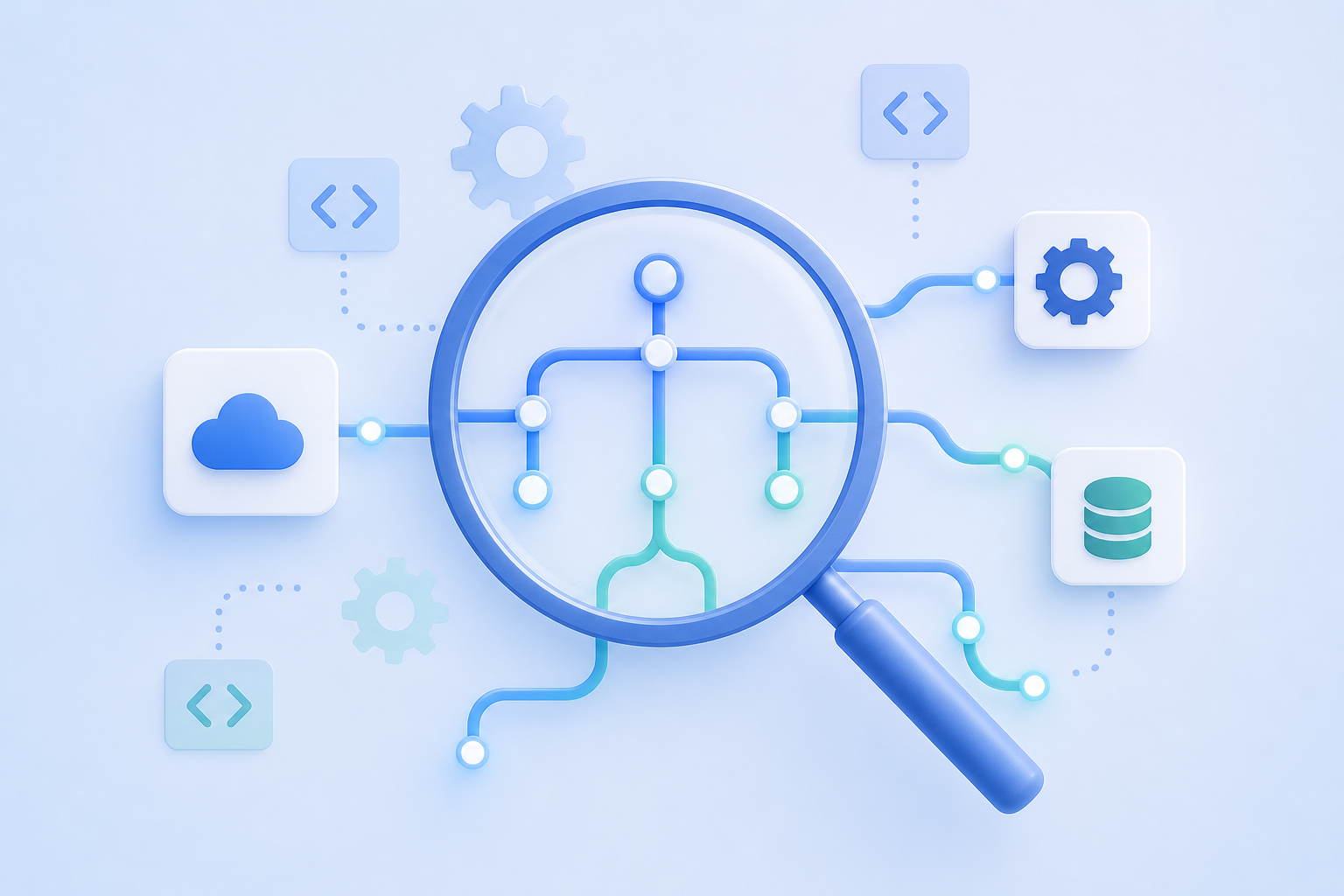 A clean technical illustration showing open-source connector transparency concept: a magnifying glass hovering over a visible branching network of interconnected nodes and pipelines, with gear icons and code brackets floating around the nodes, representing engineers inspecting and forking integration logic. Modern flat design with blue and teal color palette, professional and minimal, no text or labels.