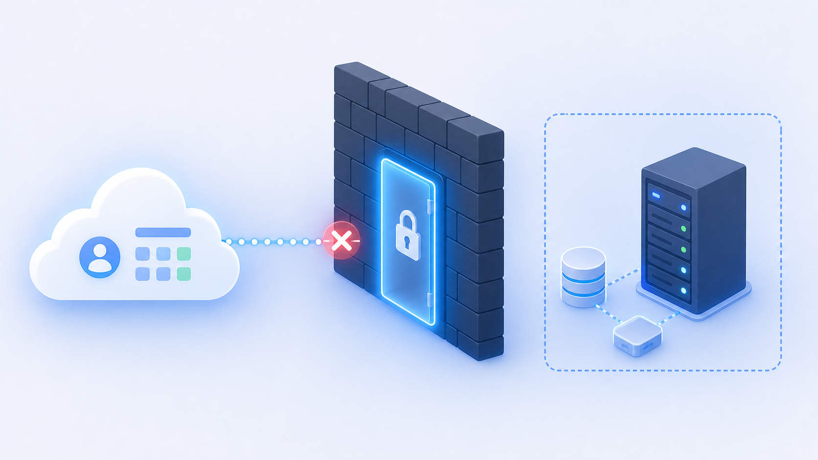 A technical diagram illustration showing an on-premise server inside a private network protected by a firewall barrier, with a cloud SaaS platform on the outside attempting to connect, depicted as a glowing locked door or shield blocking the connection pathway, dark blue and gray tones, clean flat design, no text or labels