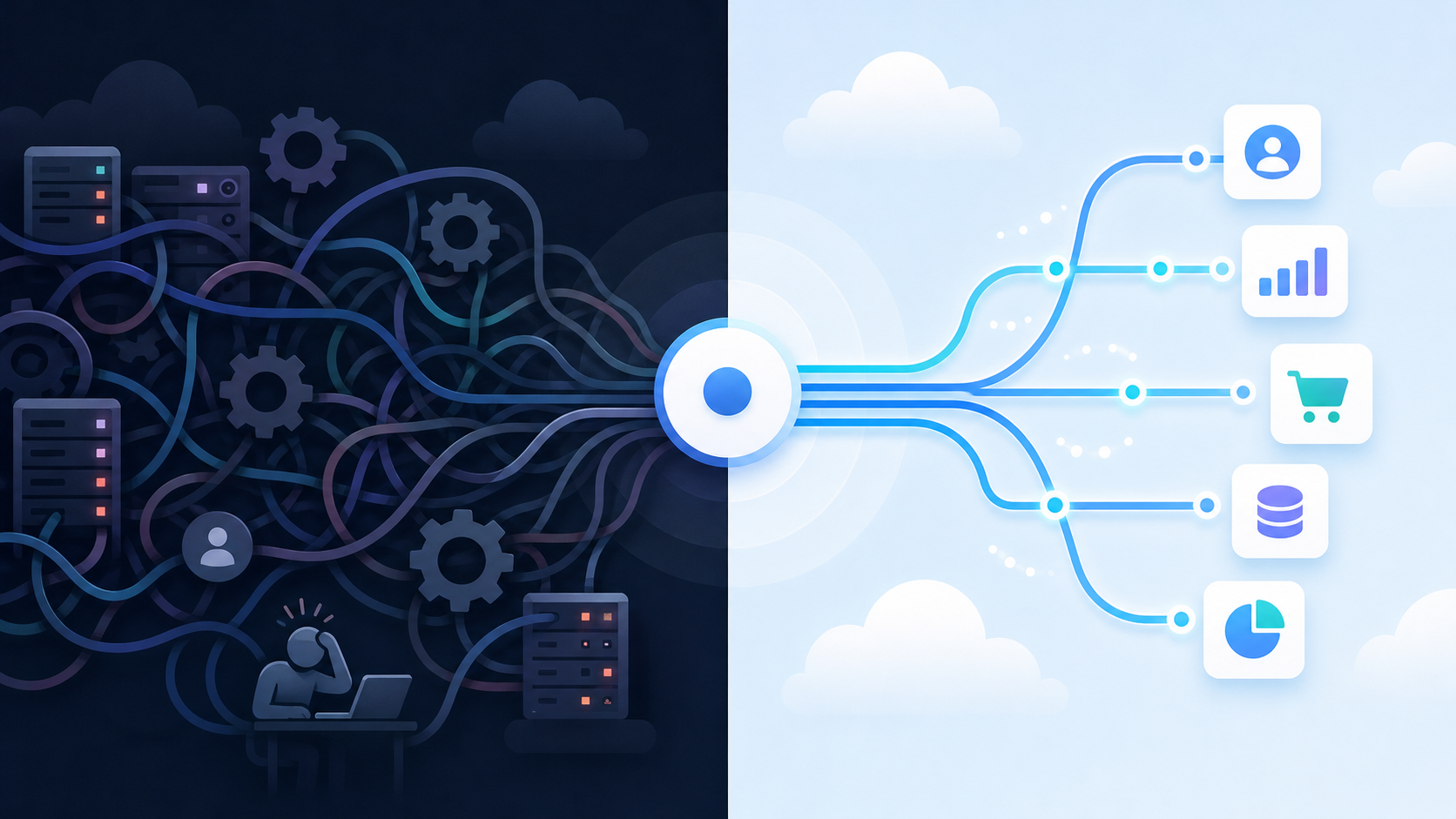 A split illustration showing two paths diverging from a central point: on the left side, a complex web of tangled cables and gears representing in-house integration maintenance burden, with overloaded servers and stressed engineering resources; on the right side, a clean, streamlined pipeline with smooth data flows and connected nodes representing an efficient integration platform. The left side uses dark, heavy tones (deep navy, charcoal) while the right side uses bright, airy tones (light blue, white). The overall style is modern flat design with subtle gradients, no text or labels anywhere in the image.