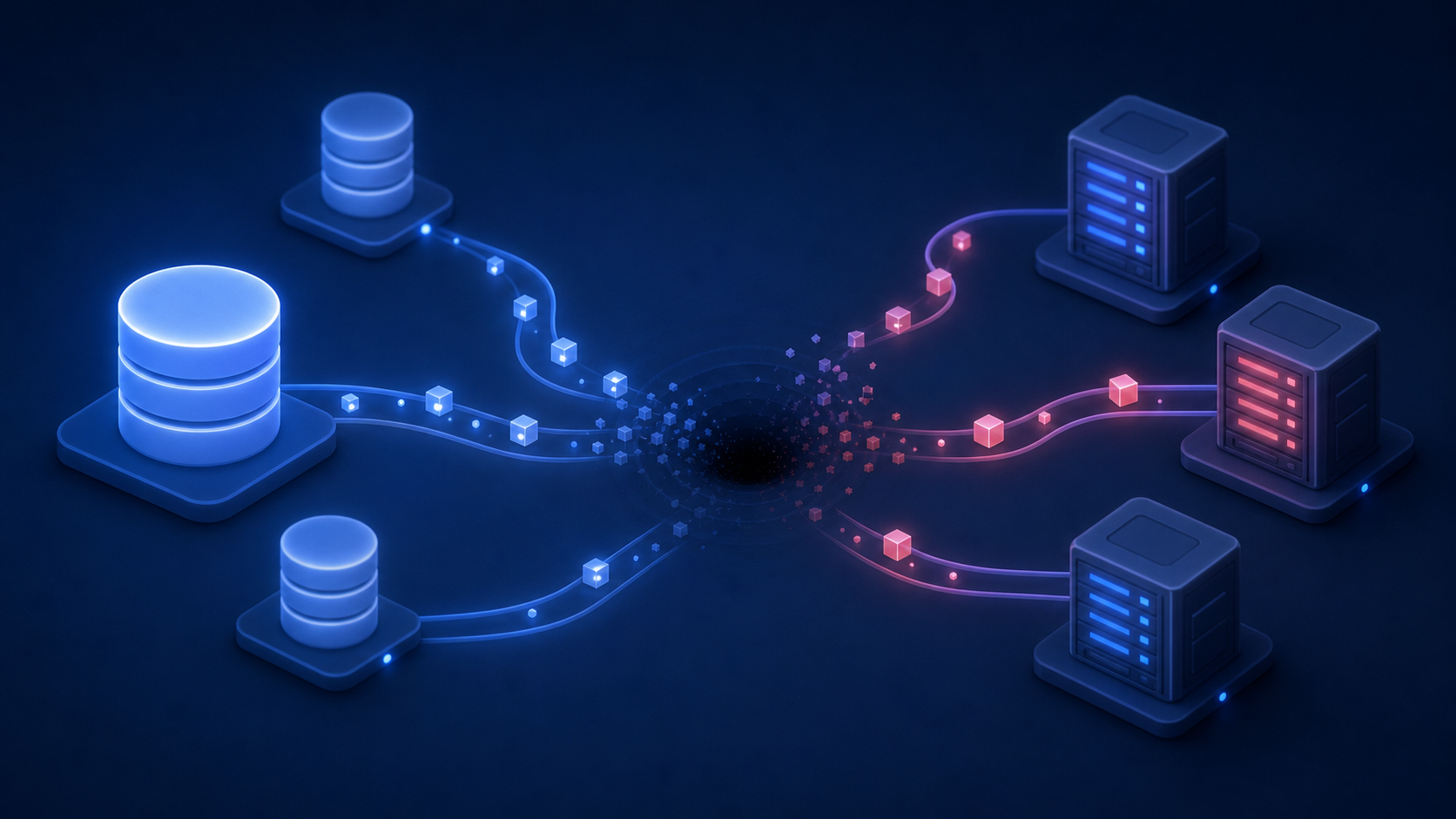 A dark, moody technical illustration showing a data pipeline flow diagram where records are disappearing into a void — glowing database nodes connected by data streams, with some records fading and vanishing mid-stream, represented as dissolving geometric shapes, while downstream systems continue running unaware, depicted as illuminated server racks in the background. Clean, minimal aesthetic with deep blues and subtle red warning accents.