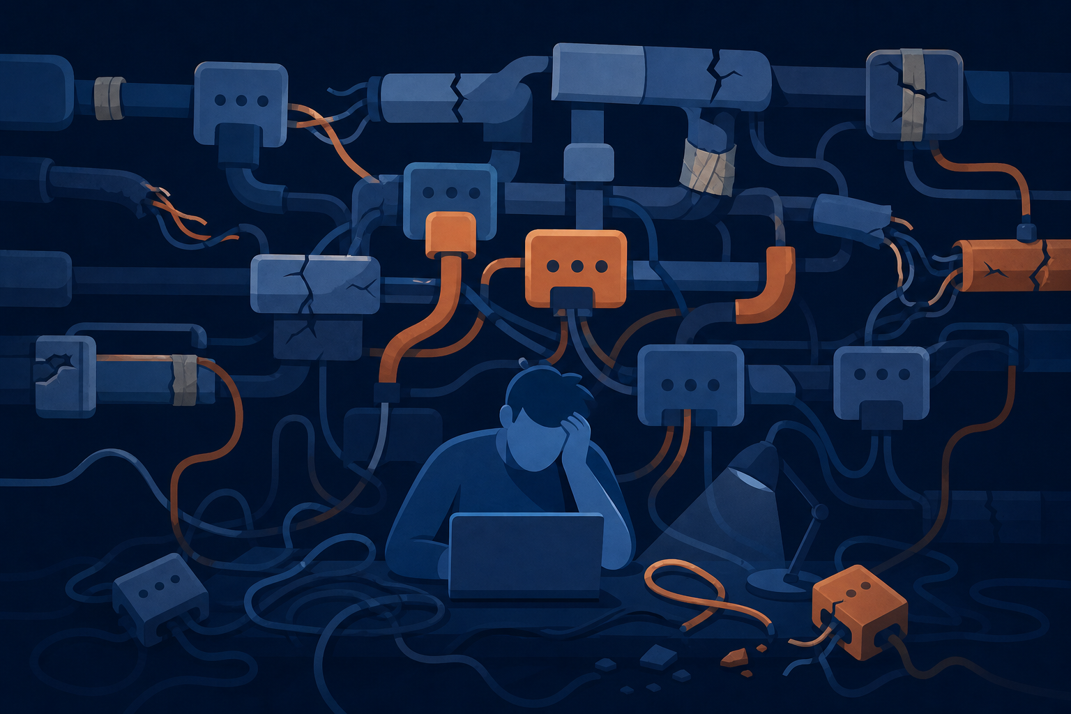 A visual metaphor for software engineering technical debt and hidden maintenance costs: a crumbling stack of interconnected pipes and wires representing legacy API connectors, with fractures and patches showing wear. In the foreground, a lone developer figure sits overwhelmed at a desk surrounded by tangled cables and broken connection nodes. The color palette uses deep blues and muted oranges on a dark background, conveying complexity and burden. Abstract, clean tech illustration style with no text or labels.