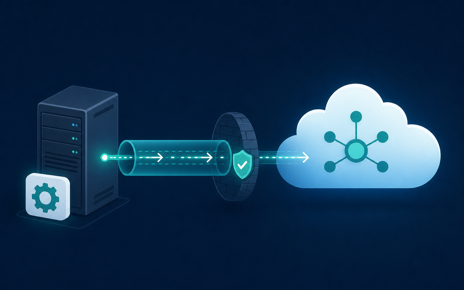 A technical diagram illustration showing the architecture of an on-premise software connector: a physical server tower on the left connected by a glowing data pipeline to a cloud platform on the right, with a lightweight agent icon sitting on the server, arrows flowing data through a secure tunnel, dark blue and teal color palette, clean flat design, no text or labels
