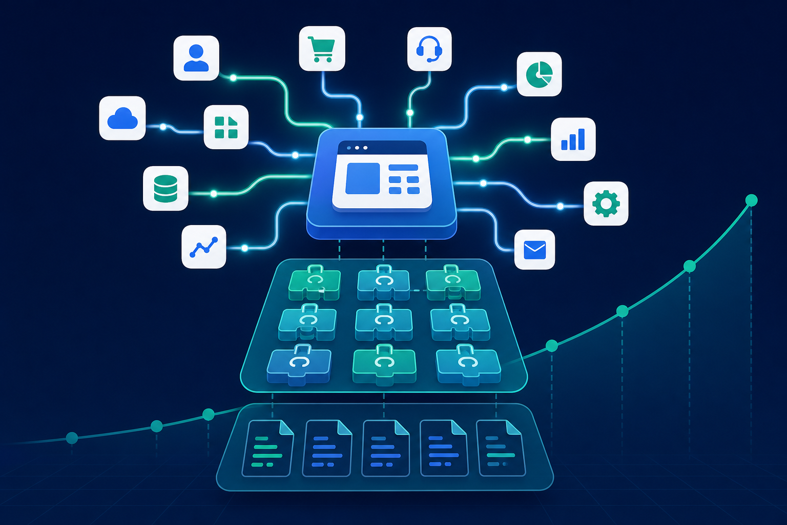 A clean flat-style technical illustration showing a central software platform connected to a large web of third-party app icons via glowing pipeline lines, with a transparent layered architecture beneath showing open code files and modular connector blocks. The connectors are depicted as open, unlocked building blocks arranged in a grid, suggesting full visibility and customizability. A subtle cost-scaling graph in the background rises gently and predictably, rendered as a smooth upward curve with evenly spaced nodes, representing per-tenant pricing. Color palette: deep navy background with teal, blue, and green accents. No text, no labels, no words anywhere in the image.