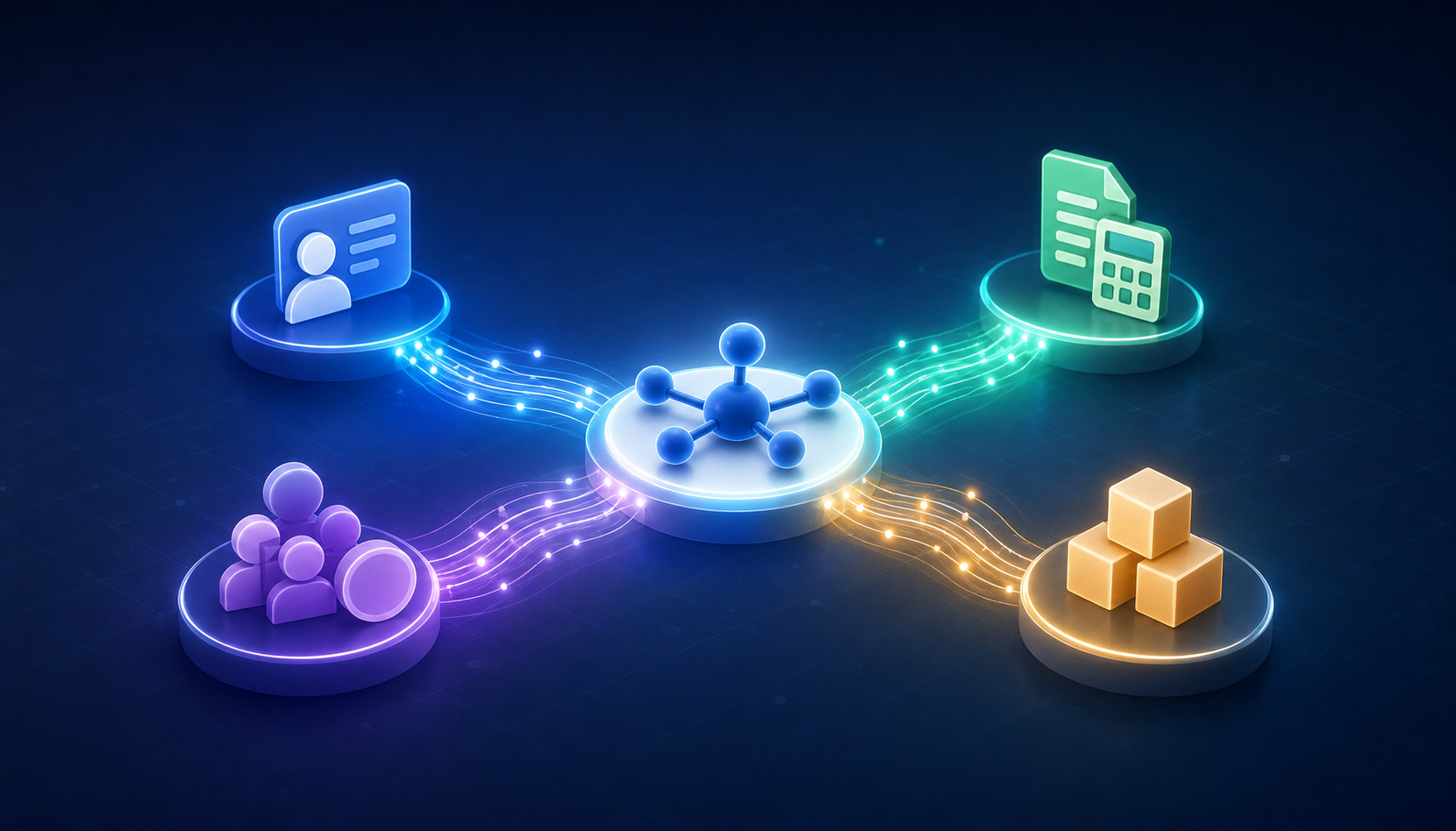 A conceptual illustration showing interconnected software systems — a central hub with glowing data pipelines flowing between icons representing a CRM, accounting software, payroll, and ERP systems. The connections are depicted as luminous fiber-optic-style threads forming a web of dependency, set against a dark tech-inspired background with subtle grid lines. No text, labels, or symbols.