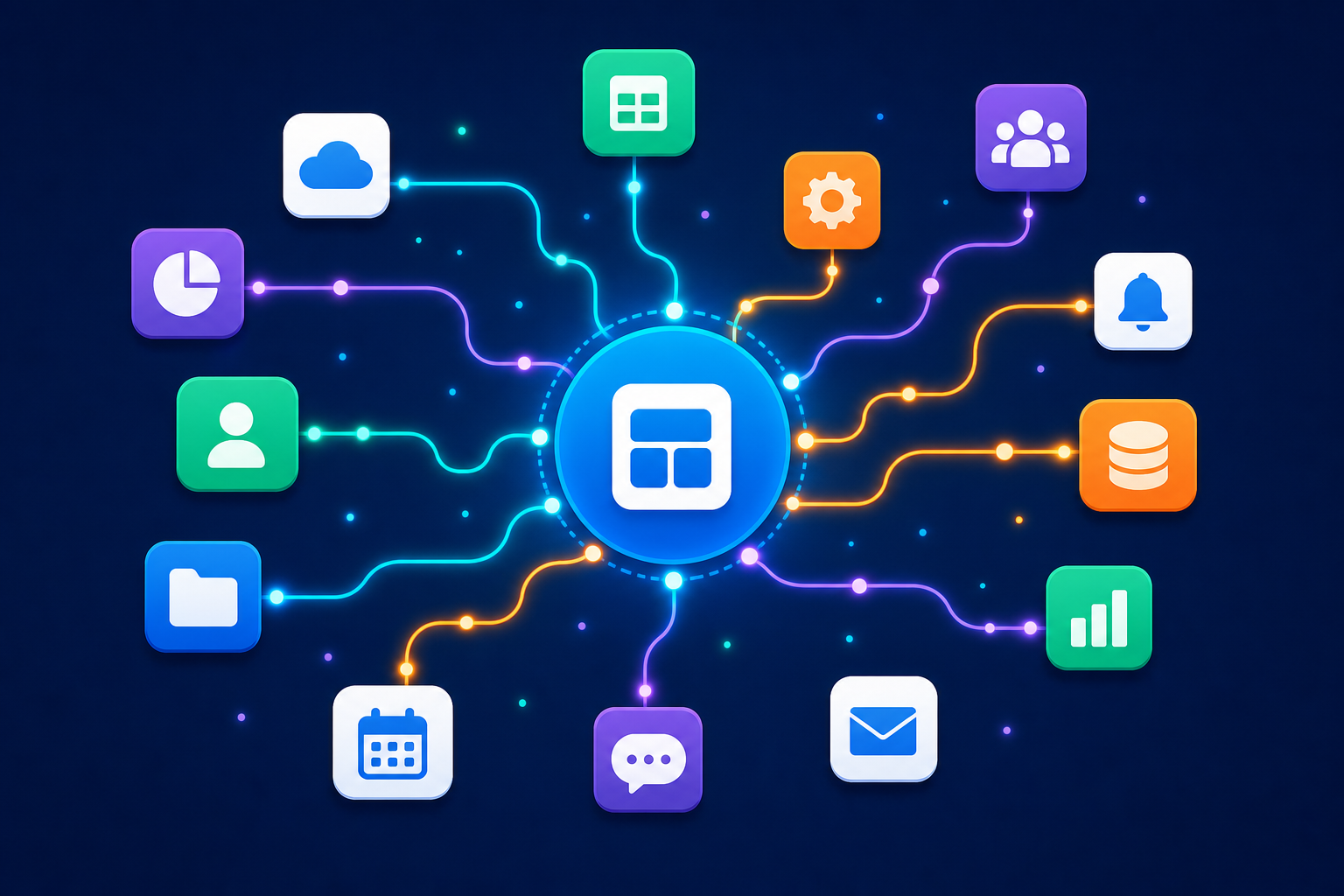 A vibrant digital illustration of multiple software application icons interconnected by glowing data flow lines, forming a web of integrations around a central SaaS product hub. The connections pulse with light, showing automated syncing between cloud services. Clean, modern flat design style with a dark blue background and colorful connector nodes in teal, orange, and purple. No text, no labels, no letters.