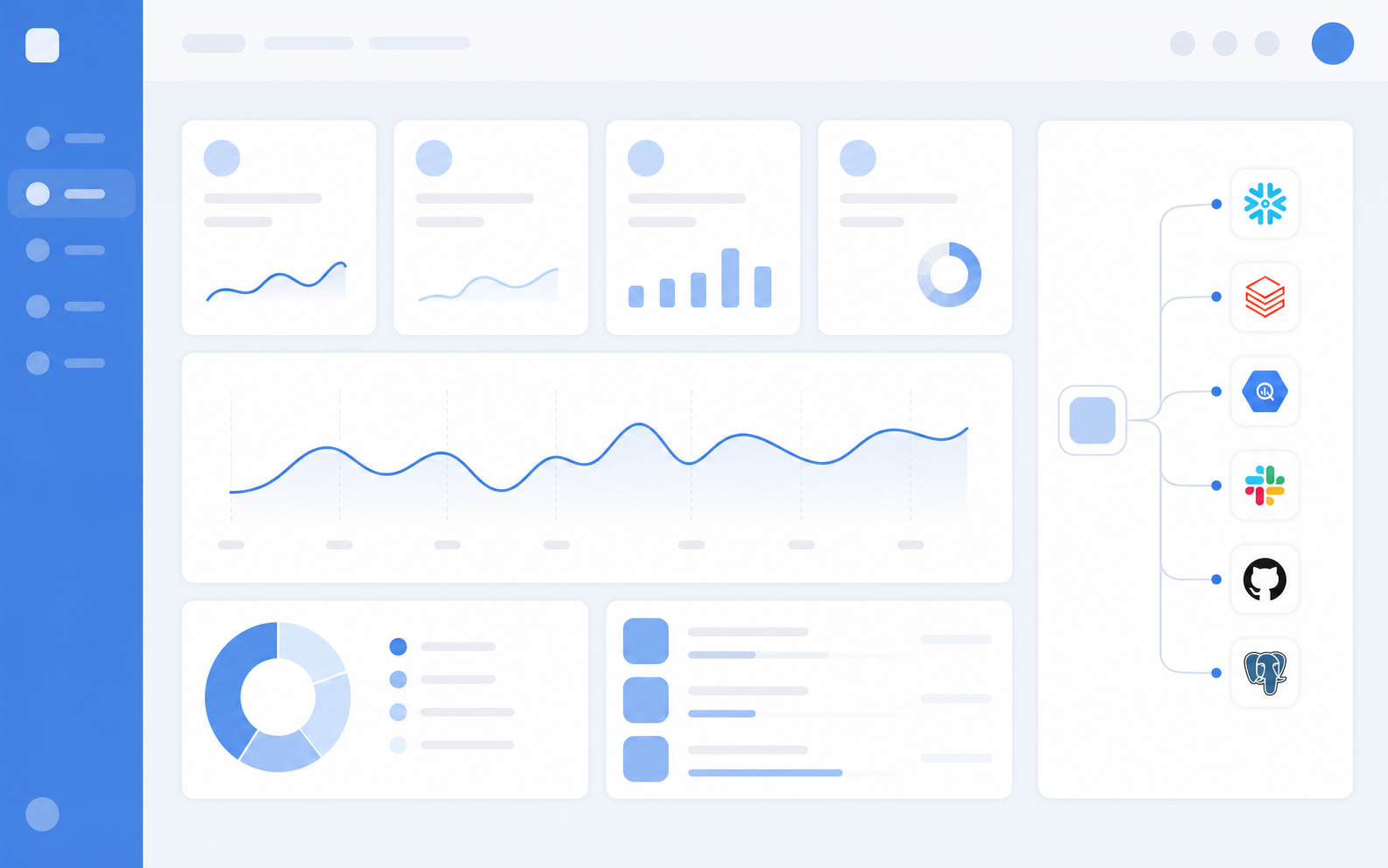 A clean, modern B2B SaaS product dashboard with a seamlessly embedded integration panel that looks completely native to the app. The integration panel shows several third-party service logos connected with smooth lines or tiles, fitting naturally into the surrounding UI with matching colors and design language. Flat design style, soft blue and white color palette, no people, no text, no labels, no words anywhere in the image.