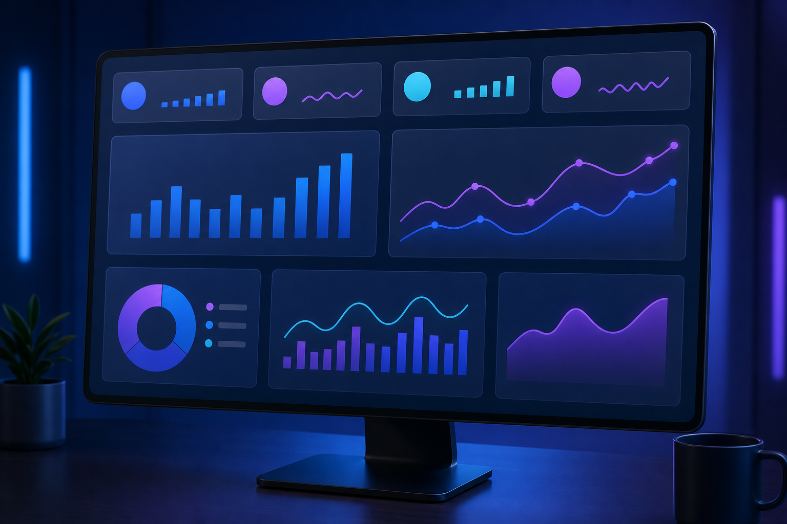 A sleek, modern SaaS analytics dashboard interface displayed on a large monitor, showing multiple data visualization panels with bar charts, line graphs, and metric cards representing advertising performance data. The screen glows with blue and purple accent colors against a dark background. Charts show reach, impressions, and spend trends over time. Clean, minimalist UI design with a professional tech aesthetic. No text, no words, no labels anywhere in the image.