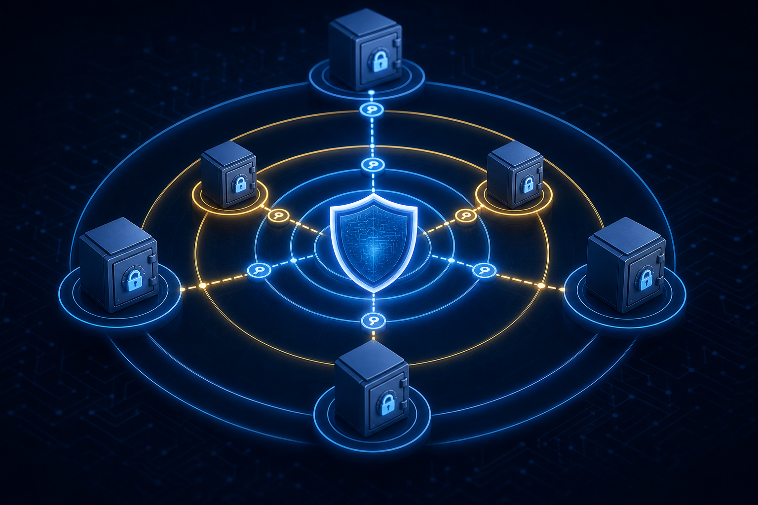 A futuristic digital security illustration showing layered access control for AI agents: a glowing shield in the center surrounded by multiple concentric rings representing permission scopes, with abstract tenant vault icons locked at each ring level, connected by secure token pathways in blue and gold tones, dark background with subtle circuit patterns, no text or labels