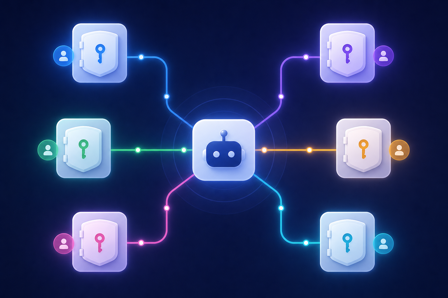 Abstract technical diagram showing per-tenant token isolation for AI agent authentication. Multiple separate glowing vault or shield icons arranged in a grid, each representing an isolated customer tenant with its own unique colored key or lock symbol. A central AI agent node in the middle connects to each vault through separate secure channels shown as distinct colored lines, with no cross-connections between tenants. Dark background with blue and purple gradient tones, modern flat design style, no text or labels.