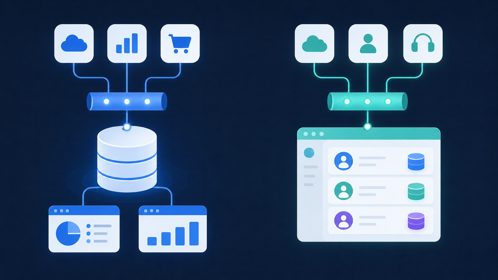 A clean split diagram showing two contrasting data flow paths: on the left, data flowing from cloud SaaS app icons through a pipeline into a warehouse/database cylinder labeled for internal analysts and BI dashboards; on the right, data flowing from customer SaaS app icons through a pipeline into a product interface with multiple isolated user accounts, representing per-tenant customer connections. Modern flat illustration style, blue and teal color palette, dark background with subtle grid lines, no text or labels anywhere.