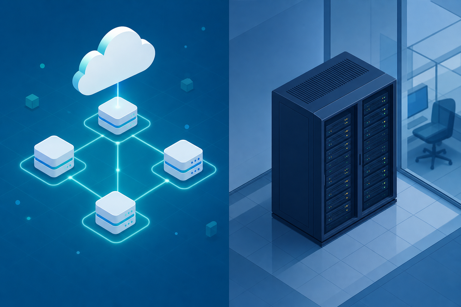 A split illustration showing two server environments side by side: on the left, a modern cloud environment with floating server nodes connected by glowing lines; on the right, a physical on-premise server rack in a corporate office setting. Clean, isometric style with a blue and teal color palette, no text or labels anywhere in the image.