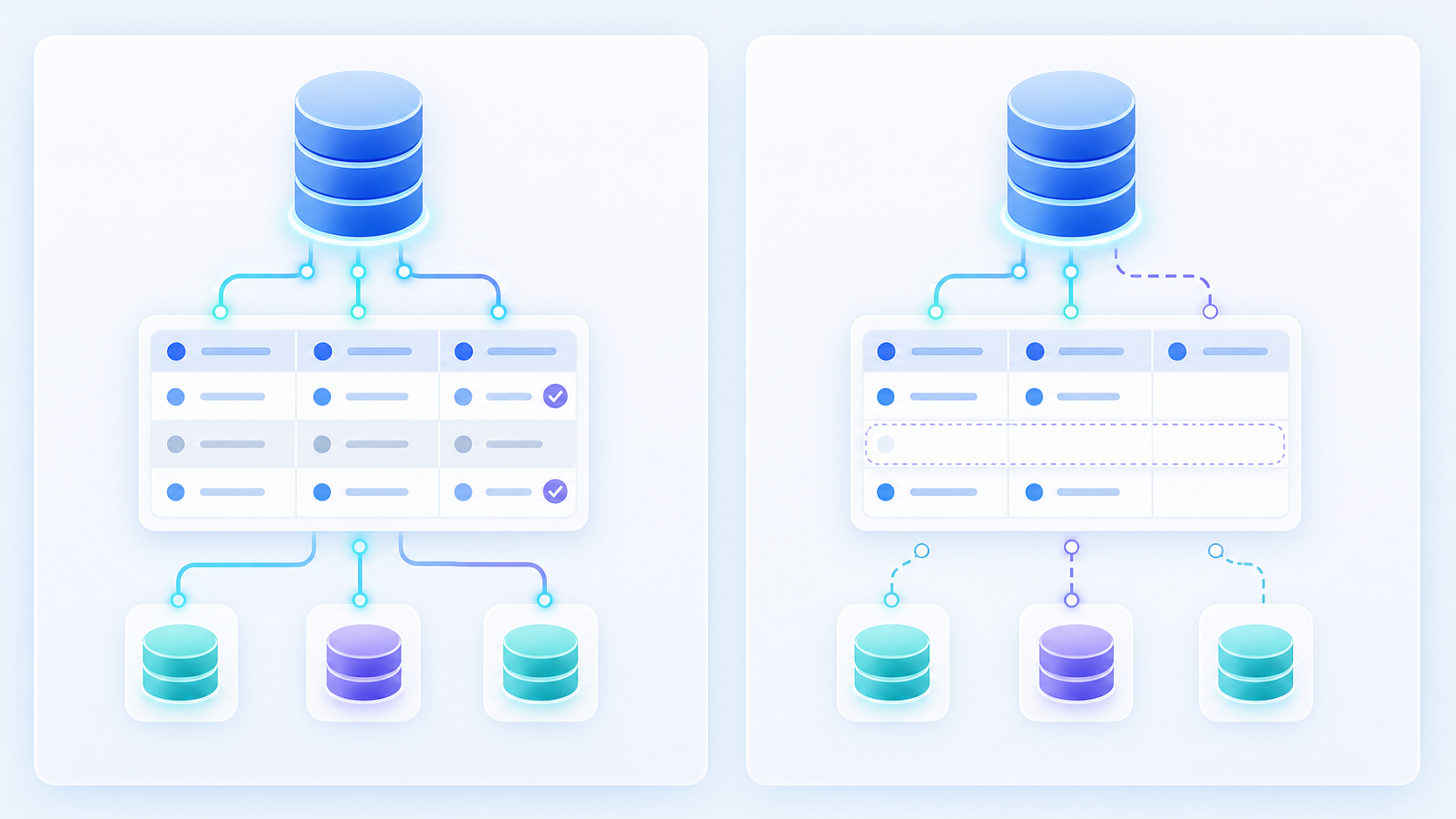 A split-panel technical diagram illustration showing two database storage approaches side by side. On the left panel, a soft delete concept: rows in a database table with some rows dimmed or grayed out with a small checkmark or flag icon, connected data relationships still intact, glowing connection lines preserved. On the right panel, a hard delete concept: rows physically removed from the table, broken connection lines dangling, gaps in the data structure represented as empty slots. Deep blue and teal color palette with subtle purple accents, clean minimal aesthetic, no text or labels, geometric data flow representation.