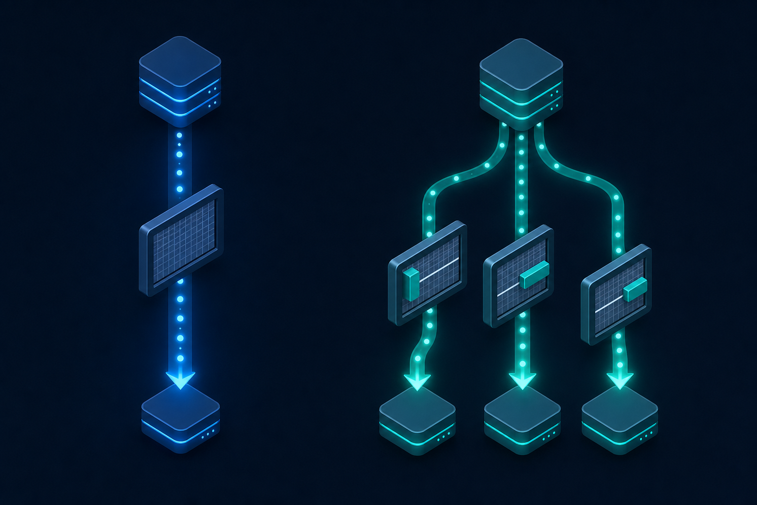 A clean technical diagram showing two parallel data pipeline flows side by side. On the left, a rigid single pipeline with a fixed gate/filter symbol blocking all data uniformly, representing static configuration. On the right, multiple branching pipeline paths with dynamic filter gates set to different positions for different data streams, representing runtime overrides. Connected by glowing data nodes and flow arrows in blue and teal on a dark background, minimal and modern isometric style, no text or labels.