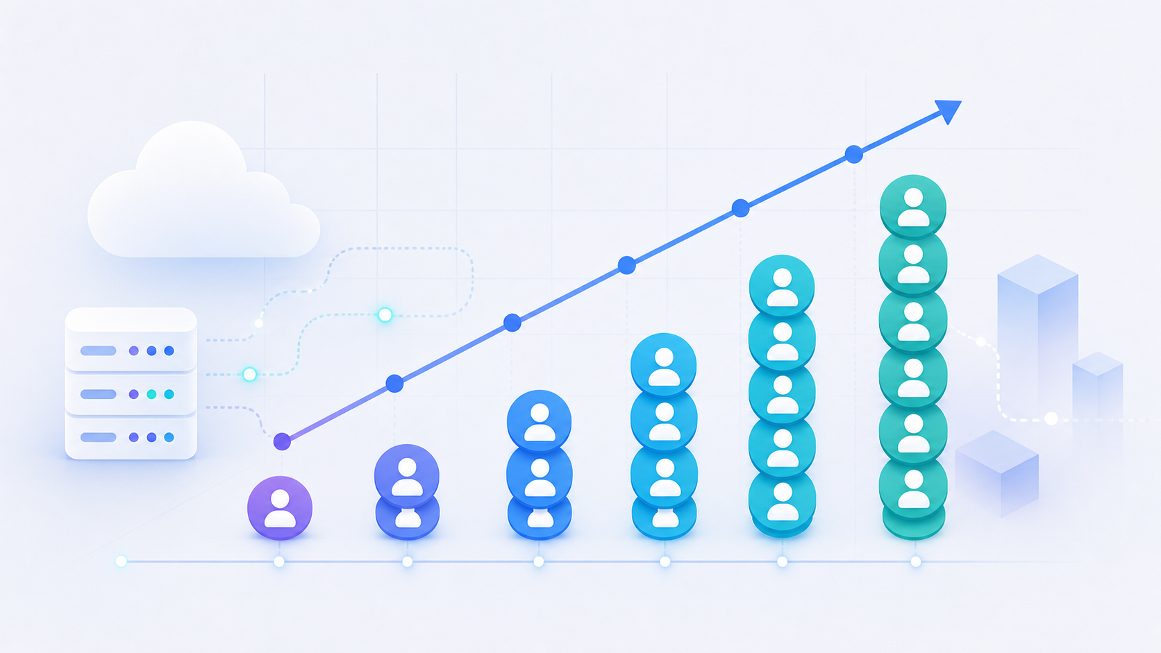 A clean, modern conceptual illustration of a B2B SaaS growth chart showing a perfectly straight diagonal line representing predictable, linear cost scaling alongside a series of stacked customer avatars or silhouettes growing in number from left to right. The background uses a minimal dark navy and white tech aesthetic with subtle grid lines. Abstract geometric shapes suggest cloud infrastructure and data flow. No text, no numbers, no labels anywhere in the image.