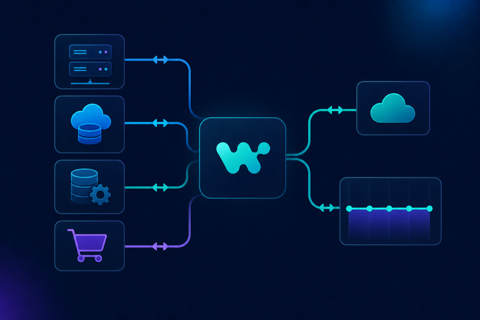 A modern technical illustration showing a B2B SaaS product architecture diagram: a central platform hub connected to multiple data sources including on-premise server icons, cloud accounting software icons, ERP system icons, and e-commerce platform icons, all linked by clean data pipeline arrows flowing bidirectionally, with a pricing/cost stability visual element like a flat horizontal line graph, on a dark navy blue background with subtle gradient accents in teal and purple, minimalist and developer-friendly aesthetic, no text or labels