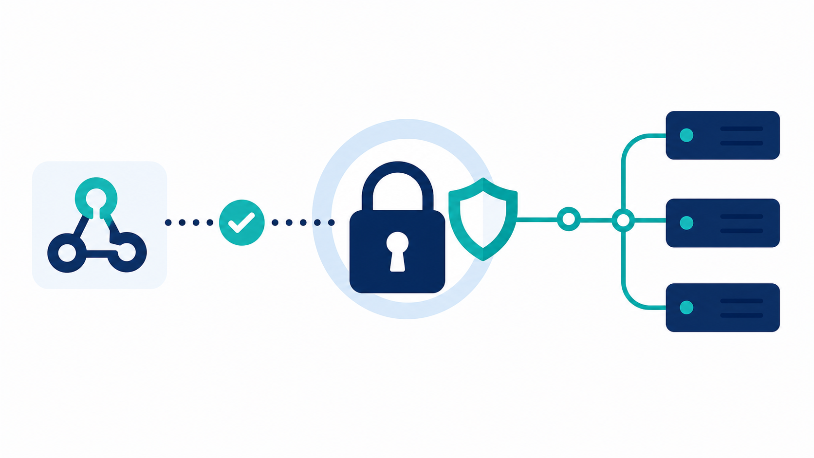 A clean technical illustration showing webhook endpoint security: a padlock icon at the center connected to a shield symbol, with abstract network nodes and a checkmark confirmation flowing through a secure channel. Dark blue and teal color palette, flat minimal design, geometric shapes representing servers and a protected endpoint, no text or labels anywhere.