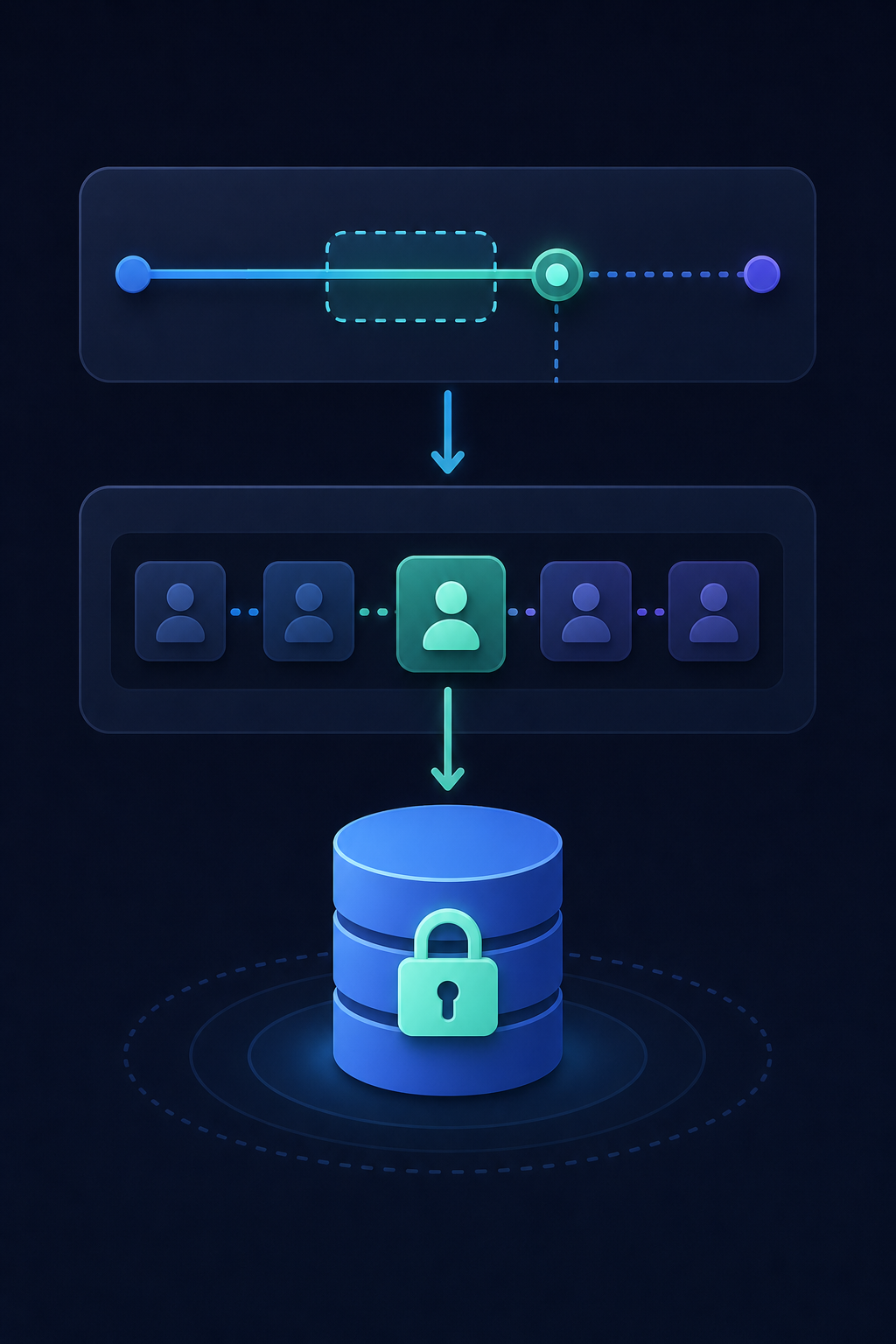 A clean technical diagram showing three interconnected layers of a multi-tenant system: a centralized token vault at the bottom represented as a secure encrypted database with a padlock symbol, in the middle a single-flight lock mechanism shown as a serialized queue with one active process and others waiting, and at the top a timeline with a buffer window marker before a token expiry point — all connected by arrows showing the flow, using cool blues and greens on a dark background, no text, no labels, no words