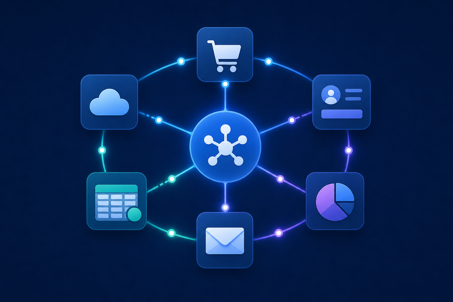 A conceptual illustration showing a network of interconnected SaaS application icons (shopping cart, CRM, accounting ledger, email, cloud) linked together by glowing lines forming a web, with a central hub node, set against a dark navy background with subtle gradient highlights — conveying seamless data flow and deep product connectivity
