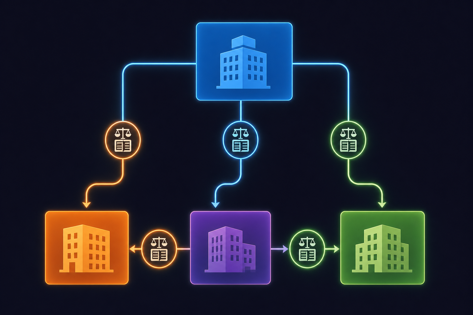 A clean technical diagram showing three interconnected corporate subsidiary nodes arranged in a hierarchy, with arrows flowing between them representing intercompany financial transactions. Each node is a distinct colored rectangle representing a different business entity. Glowing transfer lines connect the nodes, with small balance ledger icons at each connection point. Dark background with a professional, minimal style. No text, no labels, no numbers.