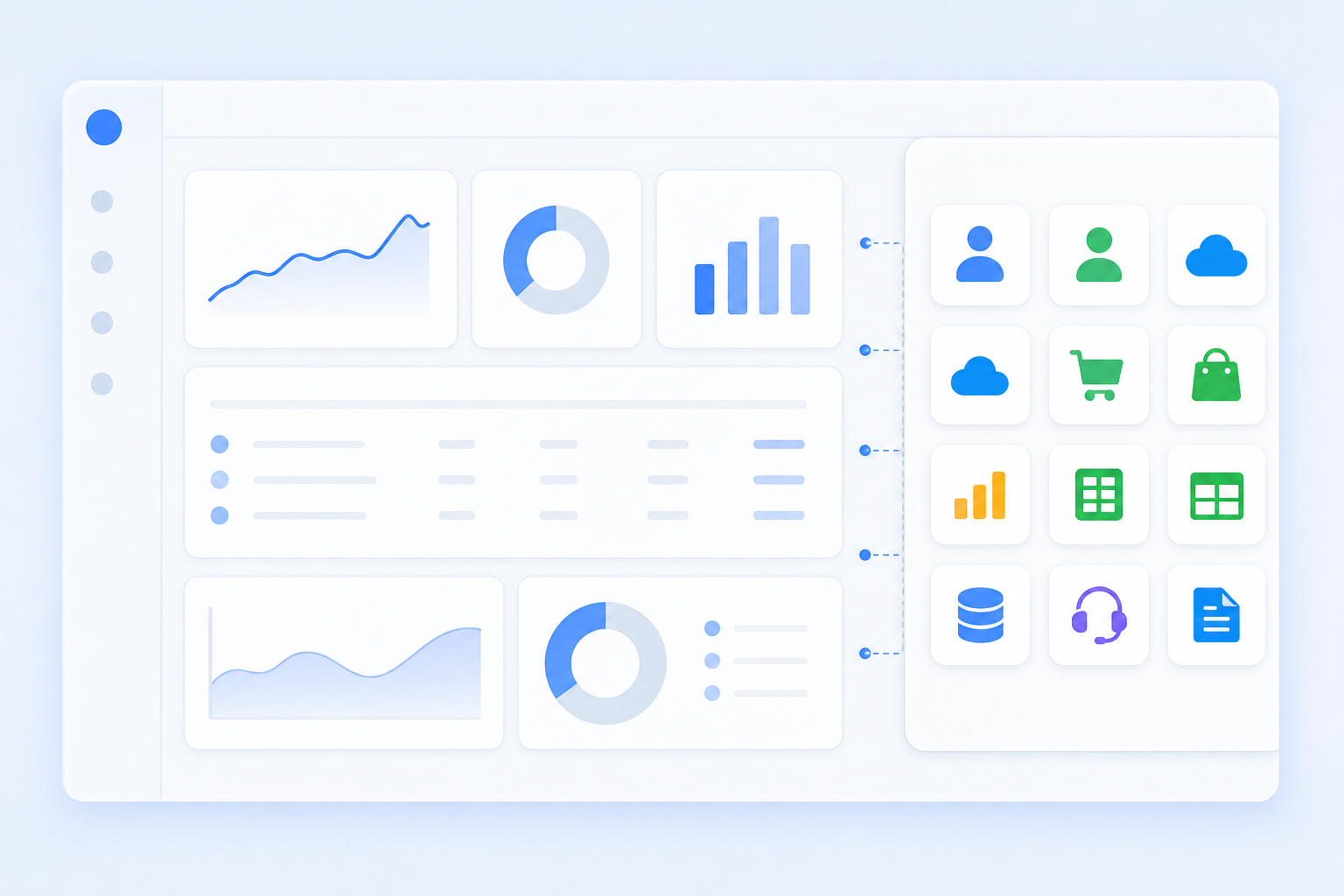 A sleek B2B SaaS product dashboard with a seamlessly embedded integration panel on the right side, showing connector icons for popular business tools like CRM, accounting, and e-commerce platforms arranged in a clean grid. The UI uses soft blues and whites with a modern card-based layout, conveying a fully native white-labeled experience. No text, no labels, no words anywhere in the image.