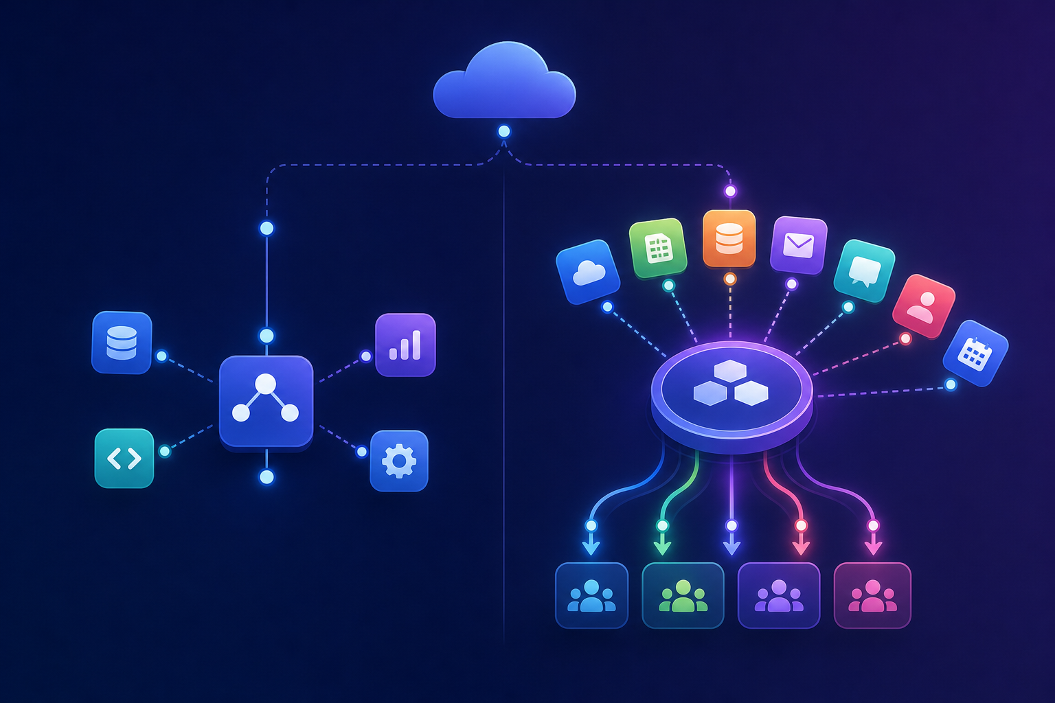 A split-path technical architecture diagram showing two parallel infrastructure routes: on the left, a lightweight standalone MCP gateway with a single connection node and a small set of tools floating around it; on the right, a robust embedded iPaaS platform with a central hub connected to many colorful third-party app icons arranged in a fan, with glowing per-tenant token flows branching outward to multiple user tenant nodes below. Modern dark blue and purple gradient color scheme, isometric or flat vector style, no text or labels.
